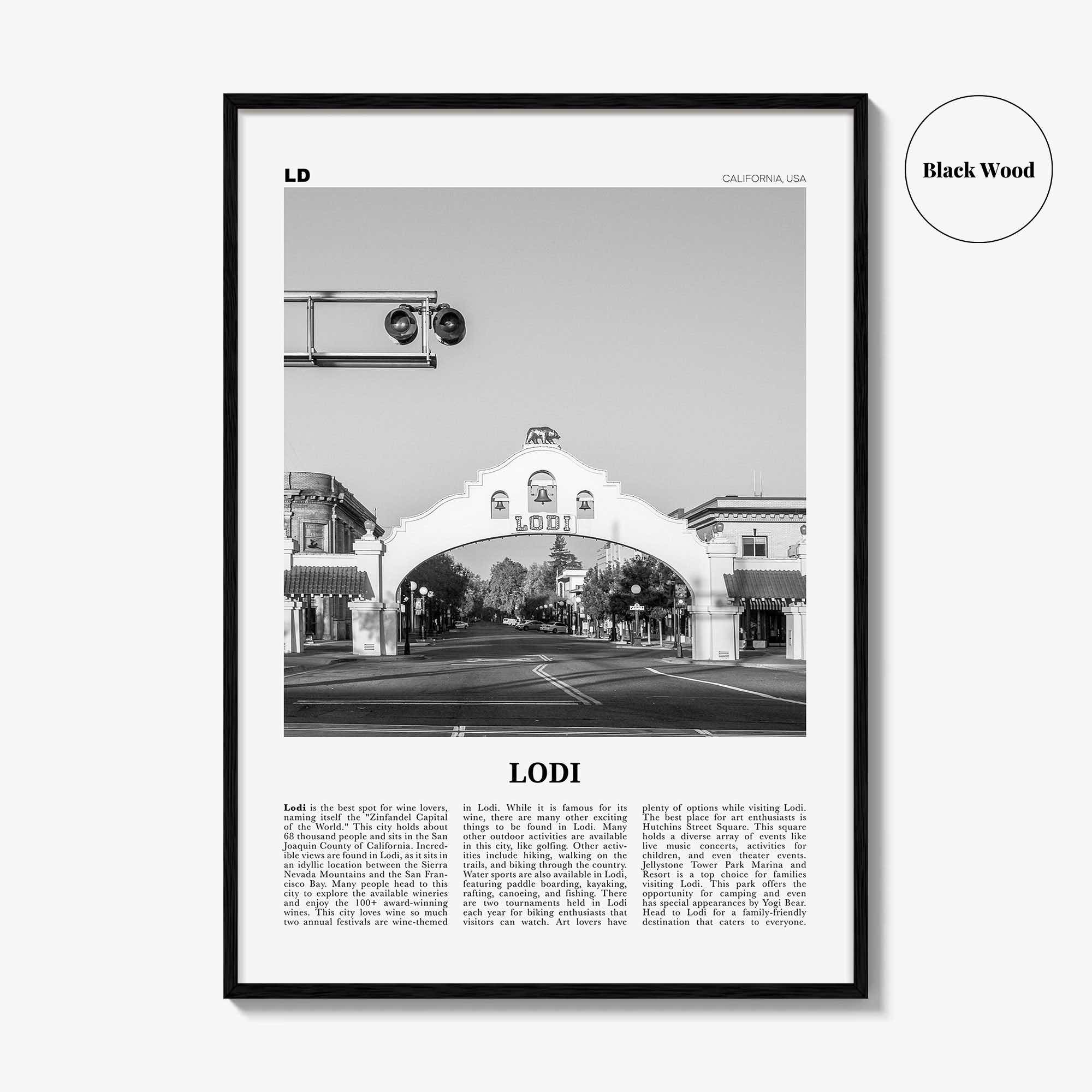 Lodi Print Black and White, Lodi Wall Art, Lodi Poster, Lodi Photo, Lodi Wall Décor, Lodi Map, California, USA