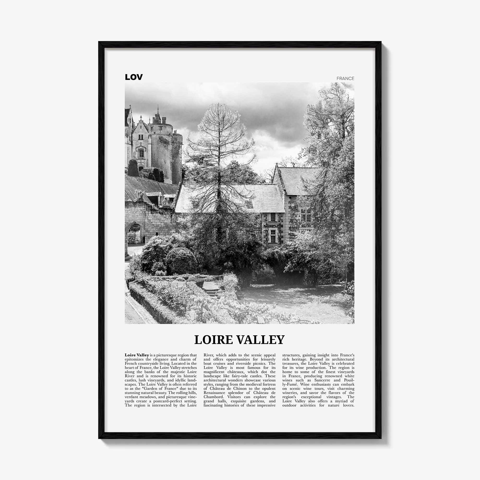 Loire Valley Print Black and White, Loire Valley Wall Art, Loire Valley Poster, Loire Valley Photo, Loire Valley Wall Décor, Loire Map