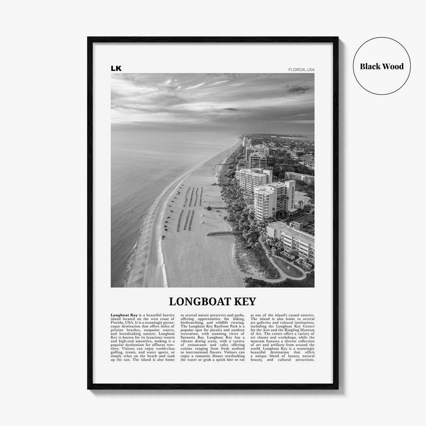 Longboat Key Print Black and White, Longboat Key Wall Art, Longboat Key Poster, Longboat Key Photo, Longboat Key Wall Décor, Longboat Map