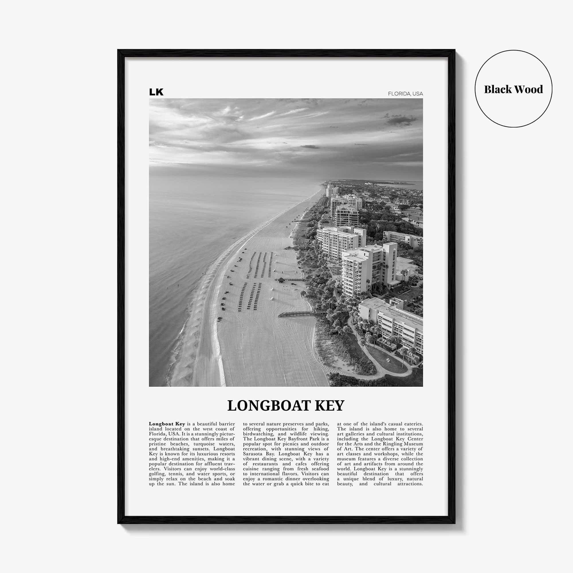 Longboat Key Print Black and White, Longboat Key Wall Art, Longboat Key Poster, Longboat Key Photo, Longboat Key Wall Décor, Longboat Map