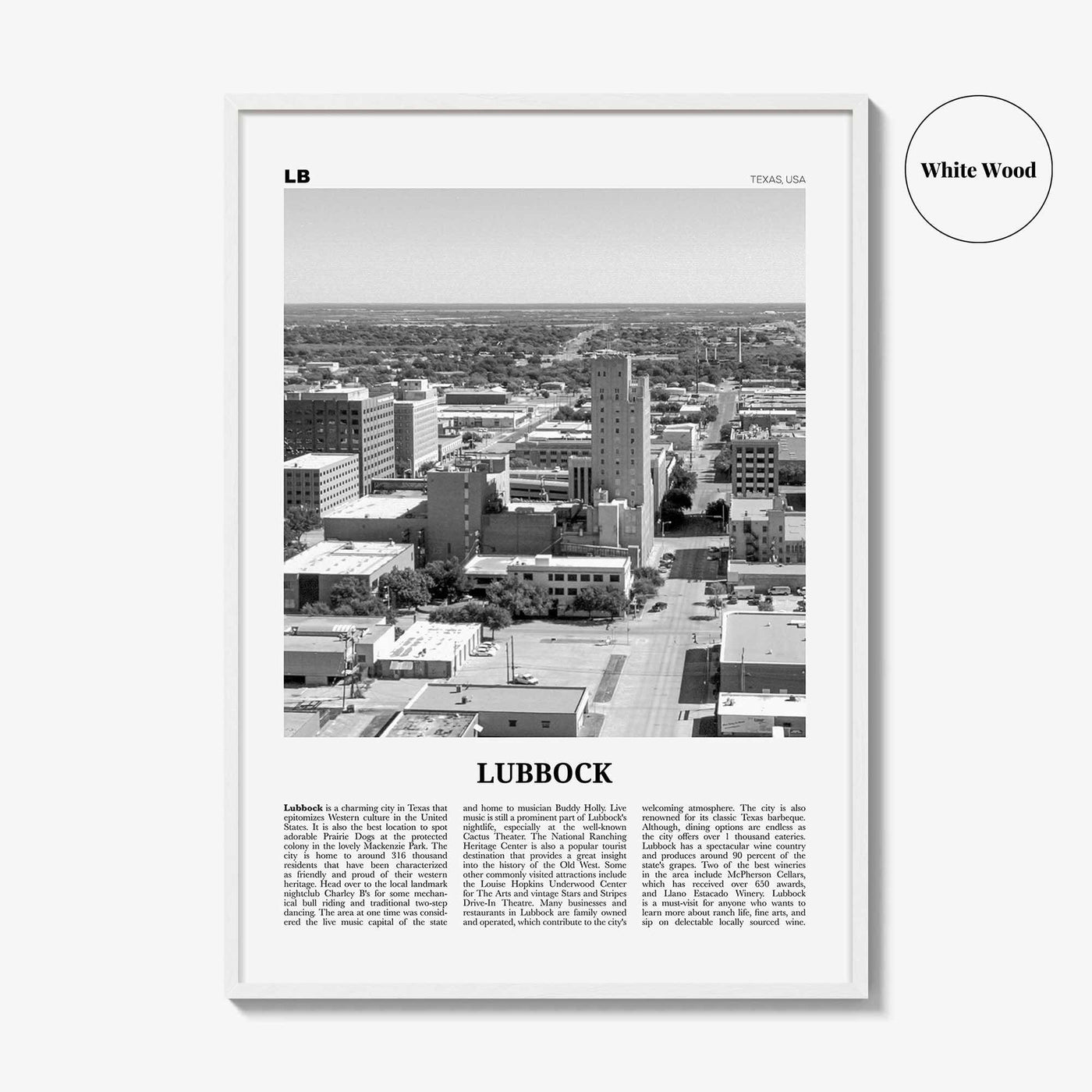 Lubbock Print Black and White, Lubbock Wall Art, Lubbock Poster, Lubbock Photo, Lubbock Wall Décor, Texas, USA, United States