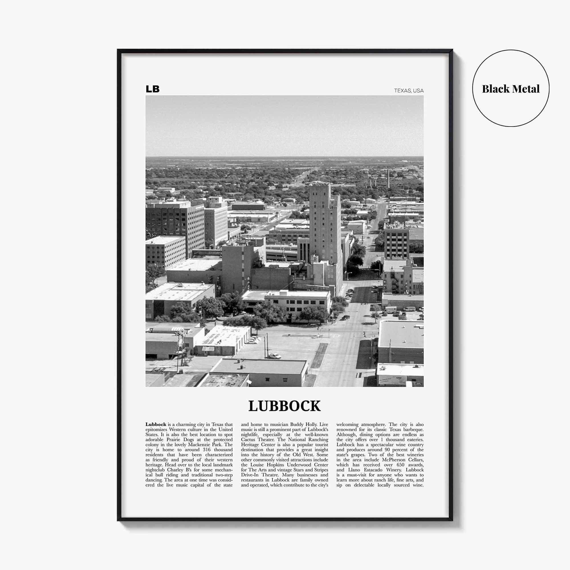 Lubbock Print Black and White, Lubbock Wall Art, Lubbock Poster, Lubbock Photo, Lubbock Wall Décor, Texas, USA, United States