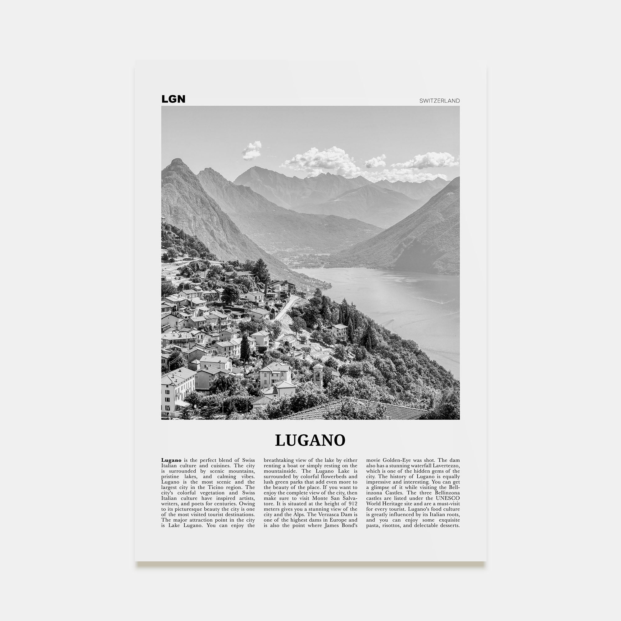 Lugano Travel B&W Poster