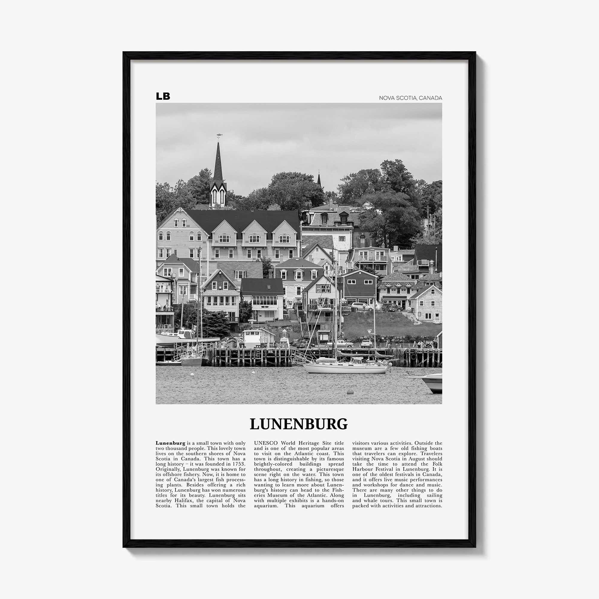 Lunenburg Print Black and White, Lunenburg Wall Art, Lunenburg Poster, Lunenburg Photo, Lunenburg Décor, Lunenburg Map, Nova Scotia, Canada