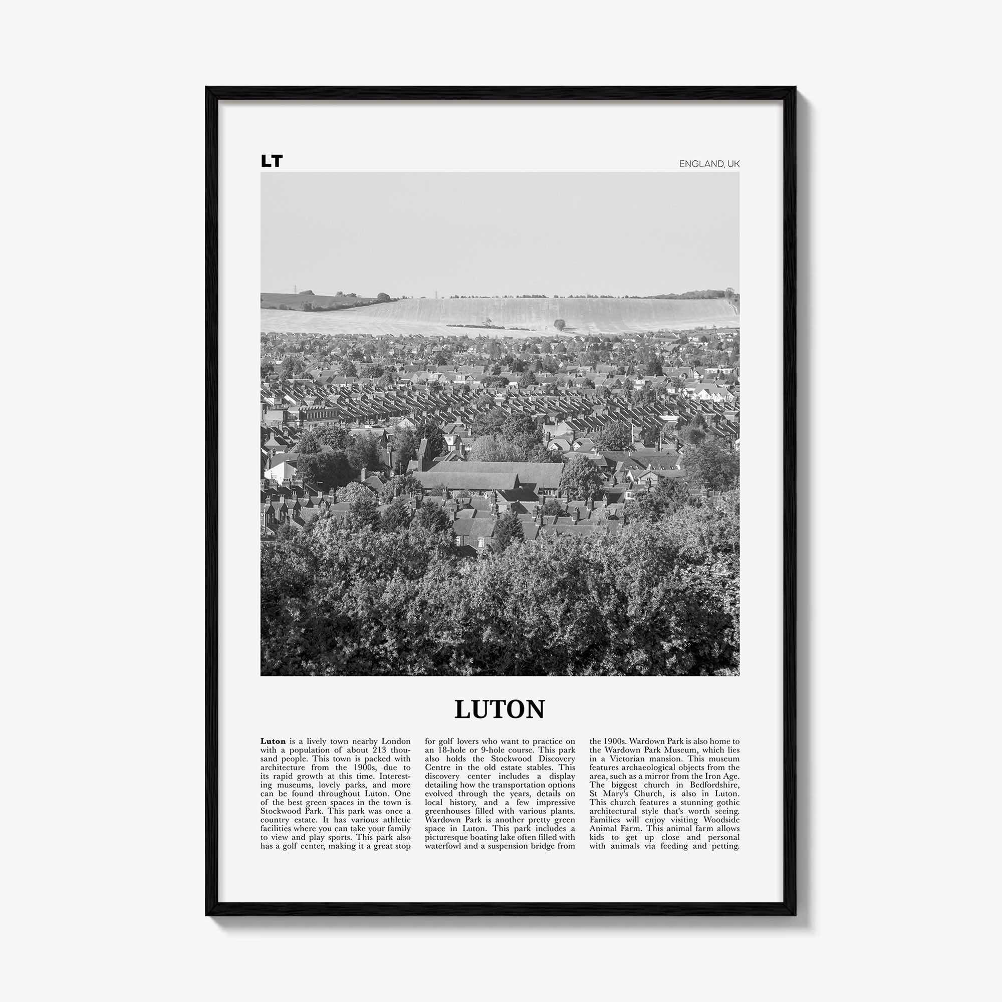 Luton Print Black and White, Luton Wall Art, Luton Poster, Luton Photo, Luton Wall Décor, Luton Map, England