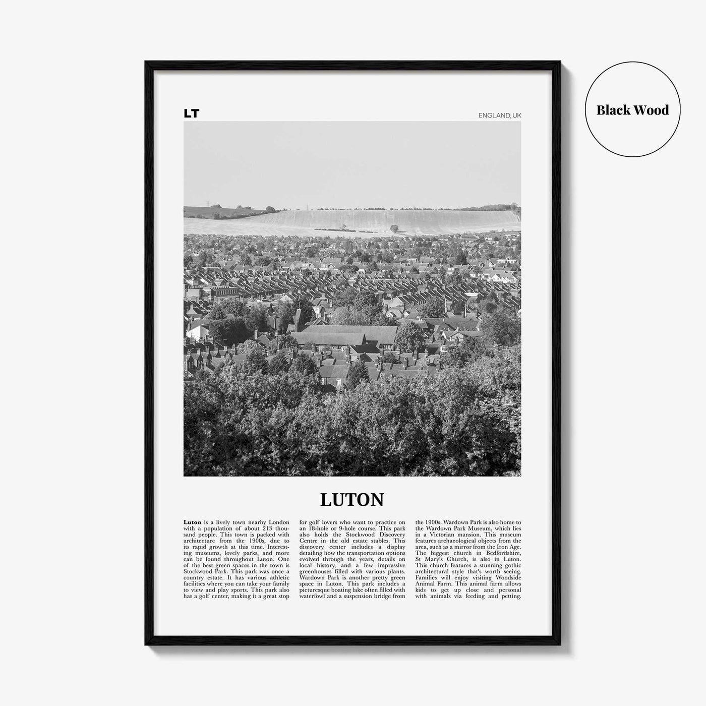 Luton Print Black and White, Luton Wall Art, Luton Poster, Luton Photo, Luton Wall Décor, Luton Map, England
