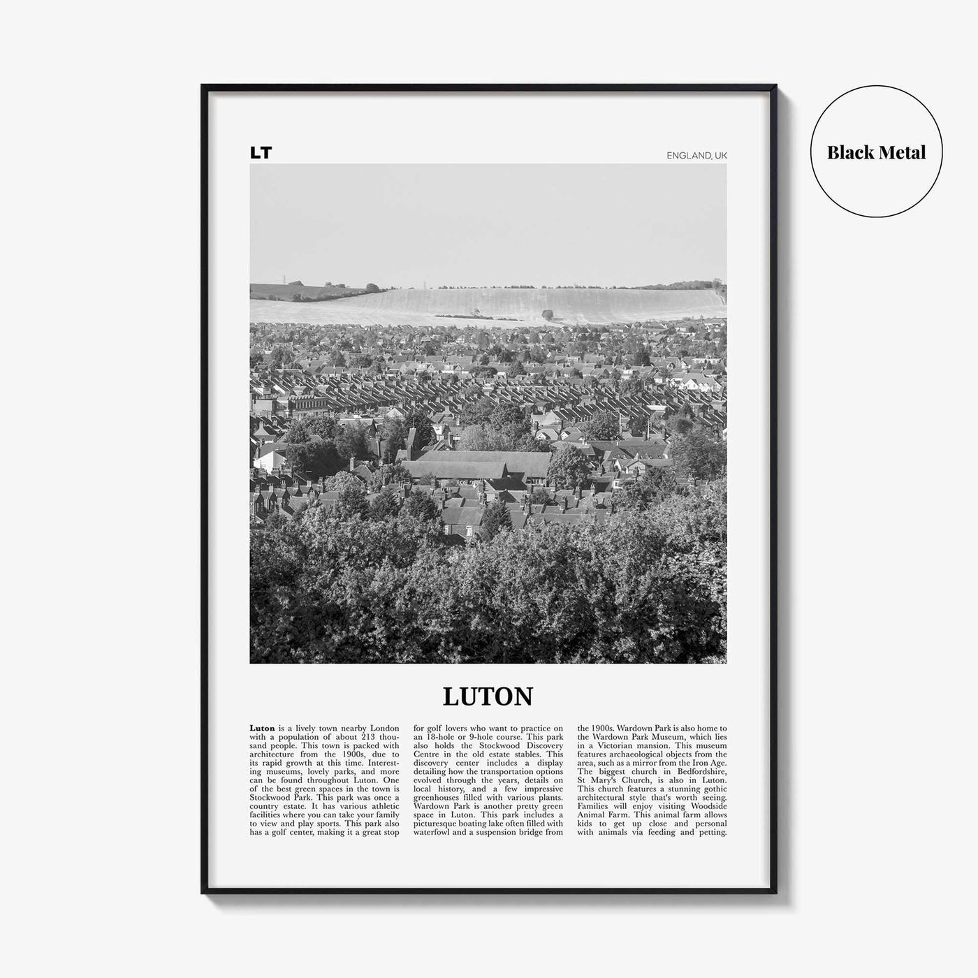 Luton Print Black and White, Luton Wall Art, Luton Poster, Luton Photo, Luton Wall Décor, Luton Map, England