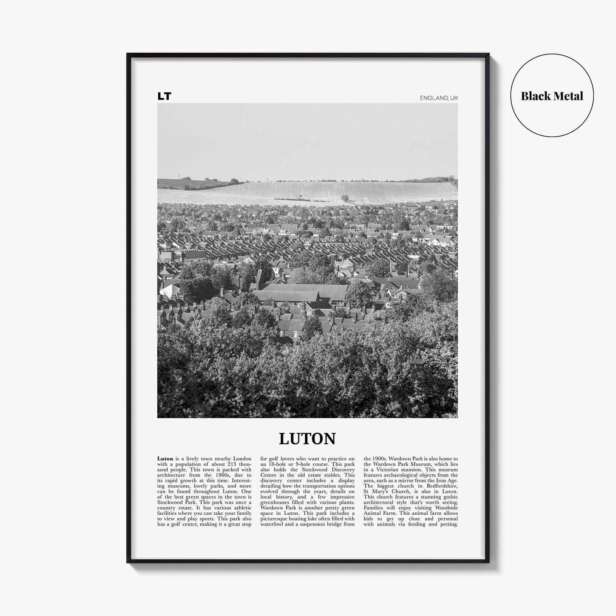Luton Print Black and White, Luton Wall Art, Luton Poster, Luton Photo, Luton Wall Décor, Luton Map, England