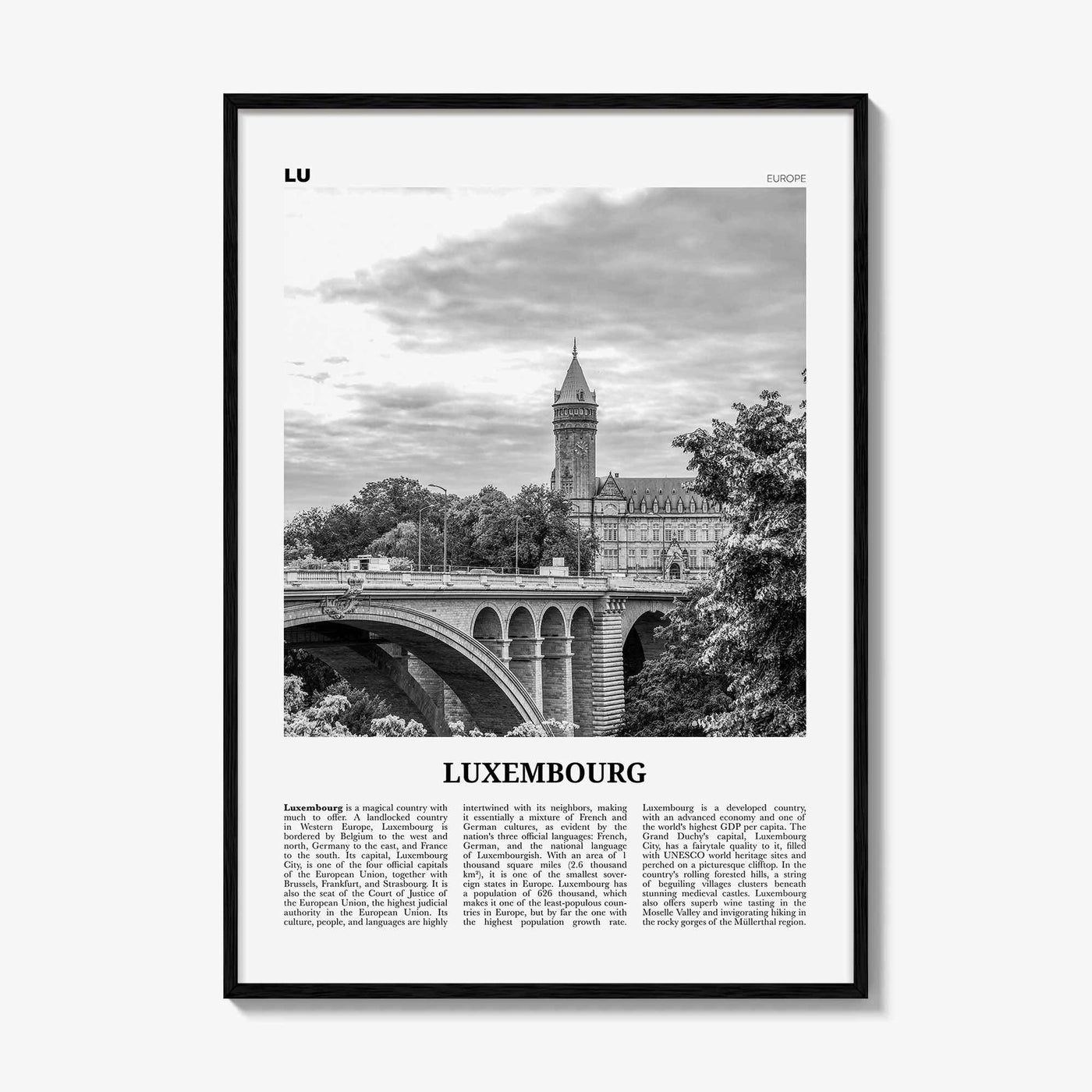 Luxembourg Print Black and White No 1, Luxembourg Wall Art, Luxembourg Poster, Luxembourg Photo, Luxembourg Wall Decor, Lëtzebuerg, Europe