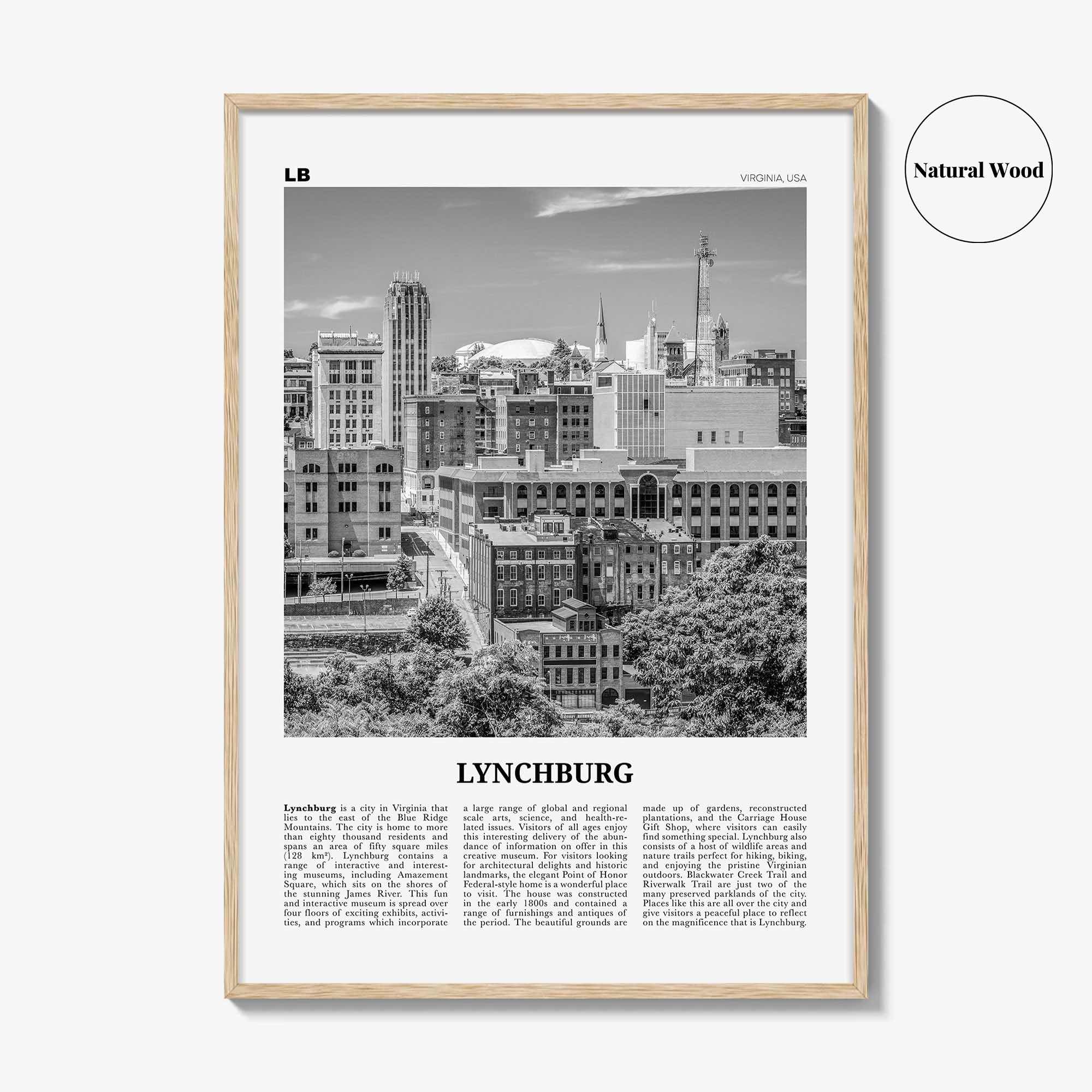 Lynchburg Print Black and White, Lynchburg Wall Art, Lynchburg Poster, Lynchburg Photo, Lynchburg Map, Virginia, USA, United States