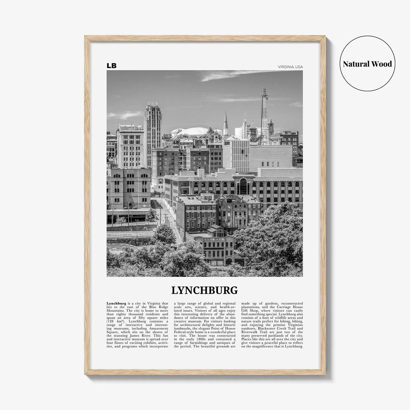 Lynchburg Print Black and White, Lynchburg Wall Art, Lynchburg Poster, Lynchburg Photo, Lynchburg Map, Virginia, USA, United States