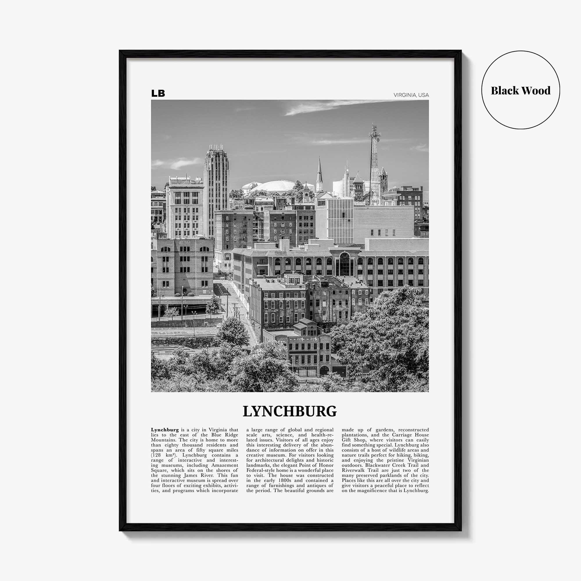 Lynchburg Print Black and White, Lynchburg Wall Art, Lynchburg Poster, Lynchburg Photo, Lynchburg Map, Virginia, USA, United States