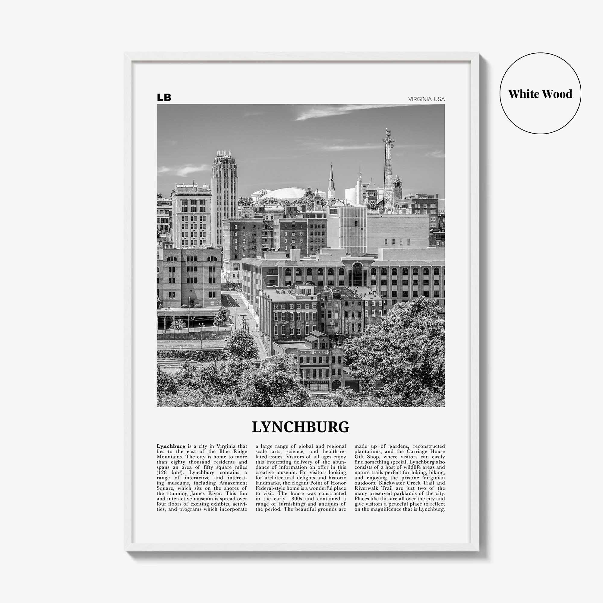 Lynchburg Print Black and White, Lynchburg Wall Art, Lynchburg Poster, Lynchburg Photo, Lynchburg Map, Virginia, USA, United States