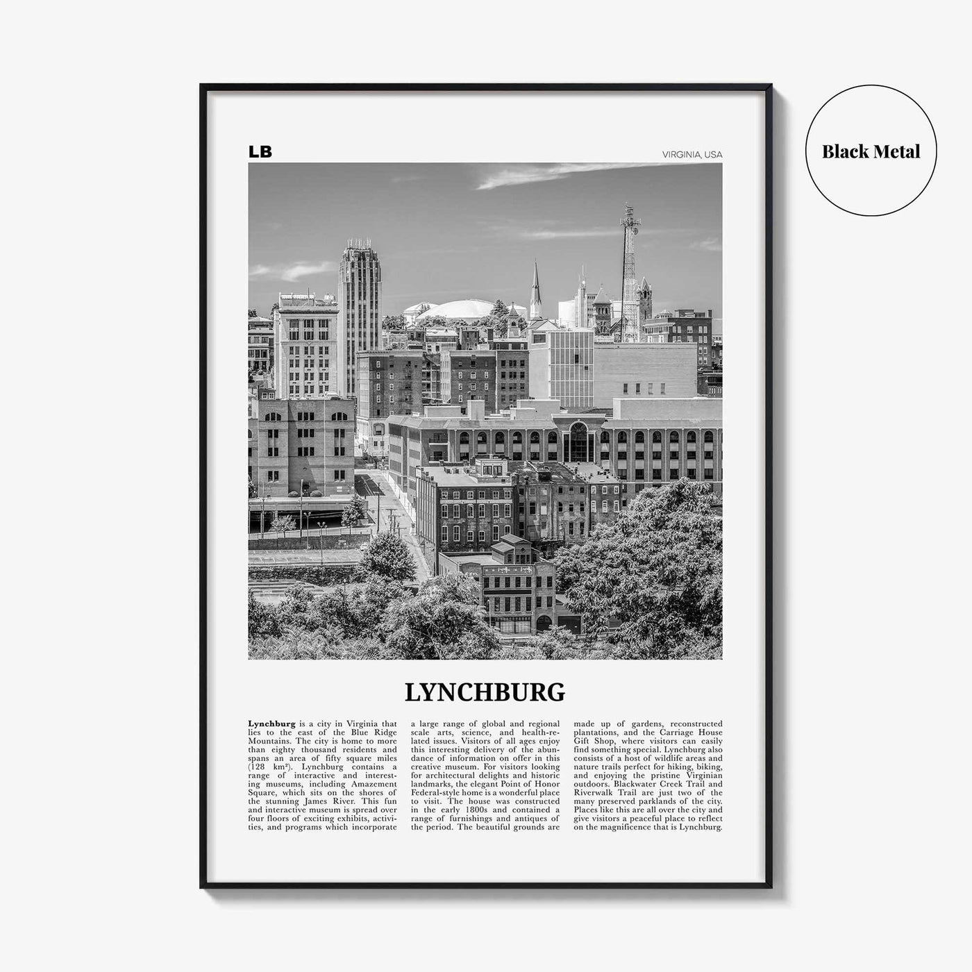 Lynchburg Print Black and White, Lynchburg Wall Art, Lynchburg Poster, Lynchburg Photo, Lynchburg Map, Virginia, USA, United States