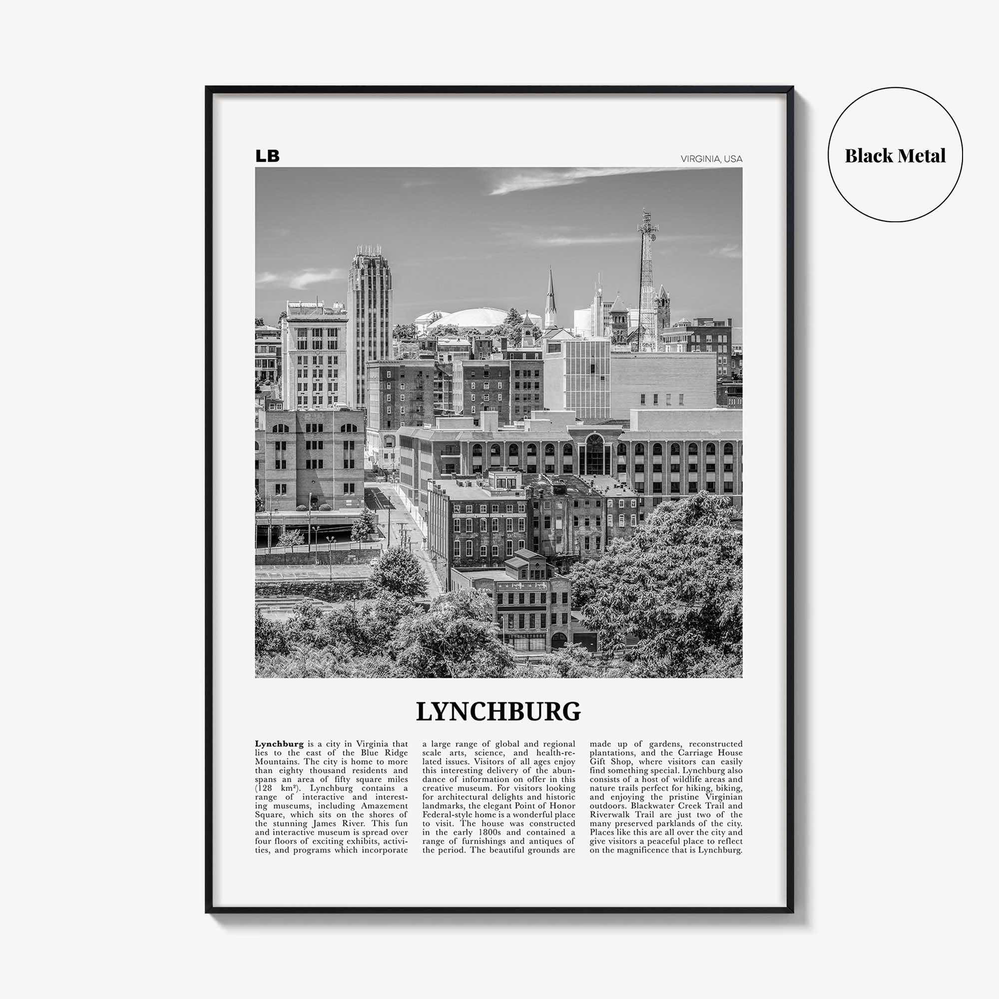 Lynchburg Print Black and White, Lynchburg Wall Art, Lynchburg Poster, Lynchburg Photo, Lynchburg Map, Virginia, USA, United States