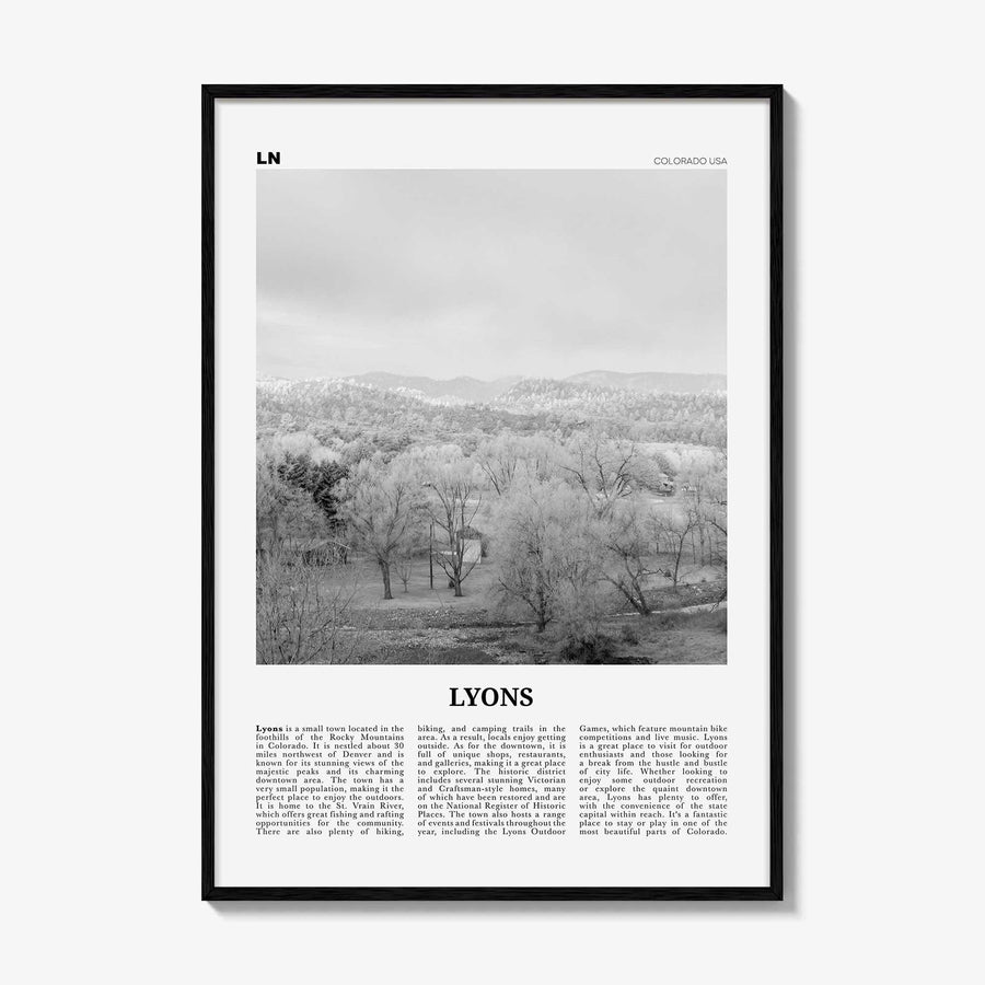 Lyons Print Black and White, Lyons Wall Art, Lyons Poster, Lyons Photo, Lyons Wall Décor, Lyons Map, Colorado, USA