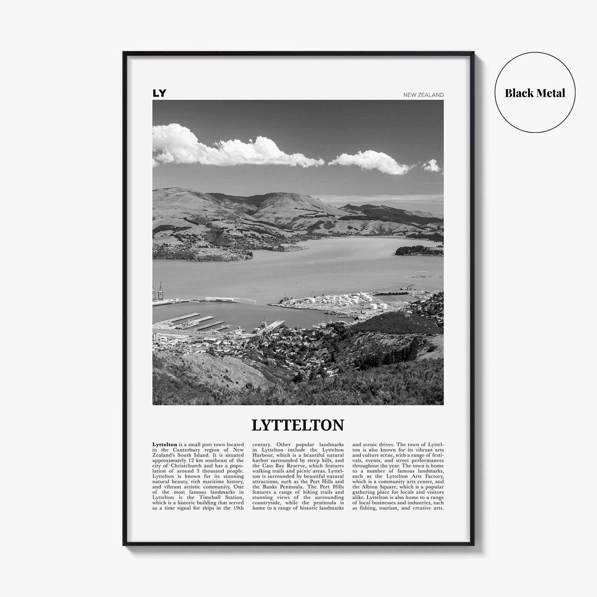 Lyttelton Print Black and White, Lyttelton Wall Art, Lyttelton Poster, Lyttelton Photo, Lyttelton Wall Décor, Lyttelton Map, New Zealand
