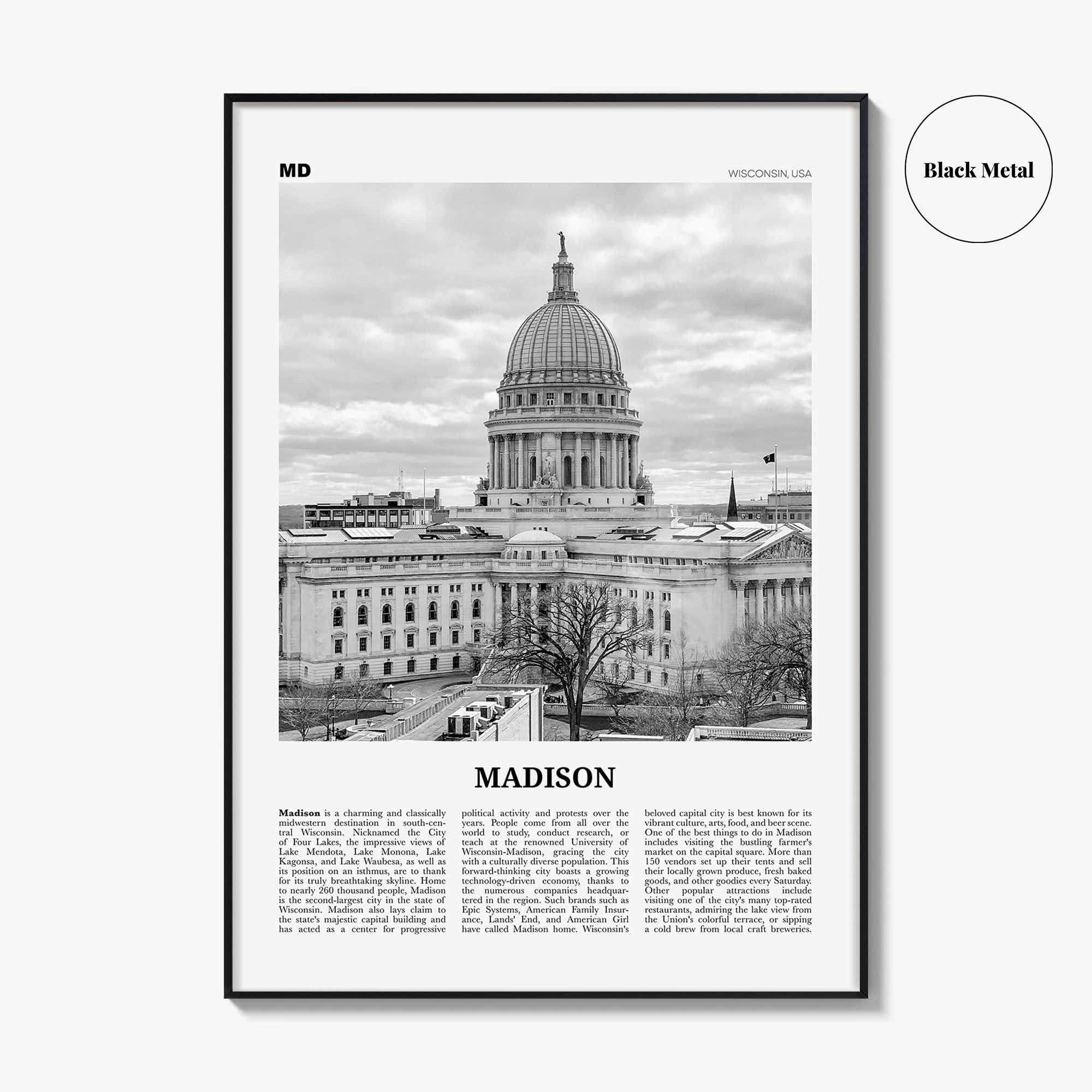 Madison Print Black and White No 2, Madison Wall Art, Madison Poster, Madison Photo, Madison Décor, Wisconsin, USA, United States