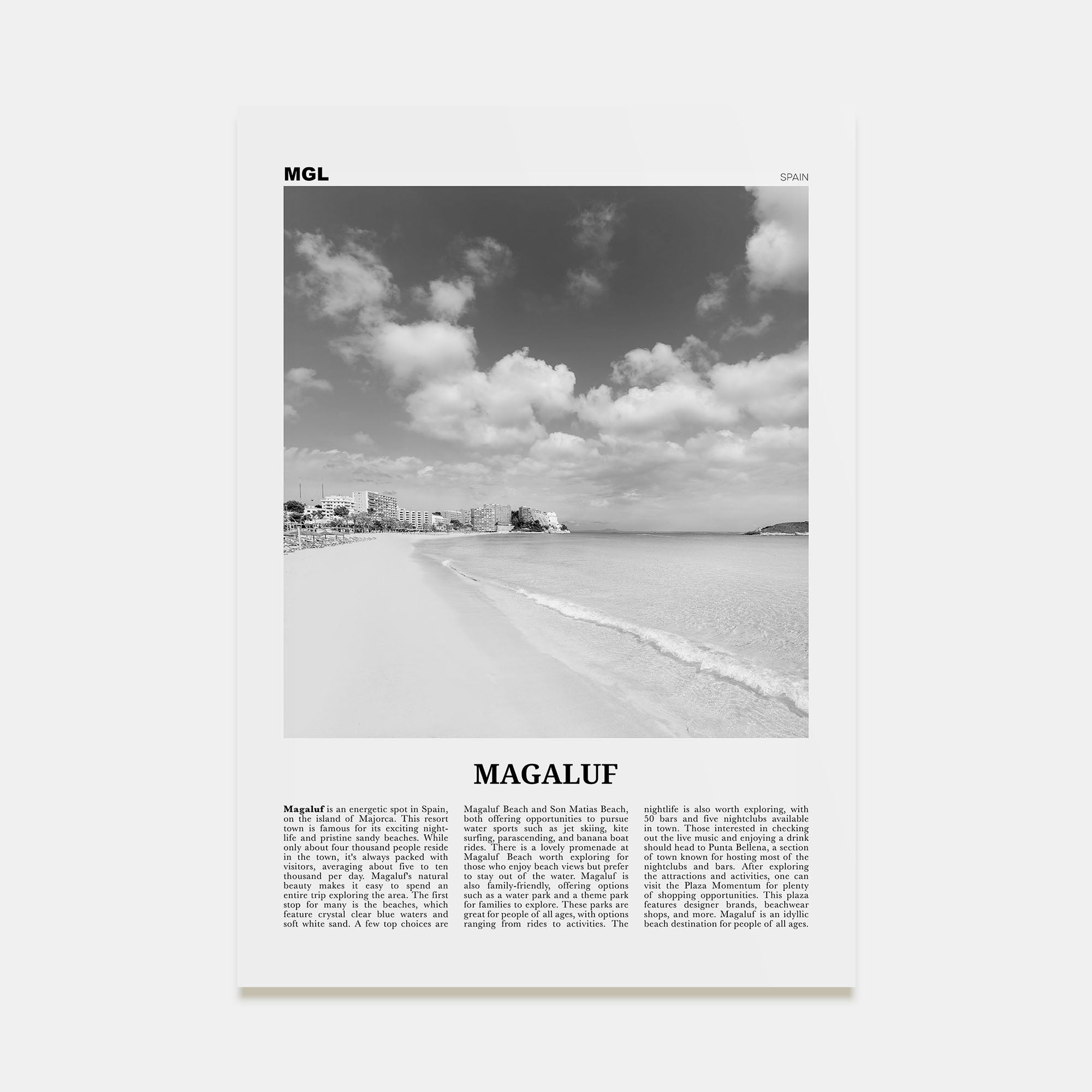 Magaluf Travel B&W Poster