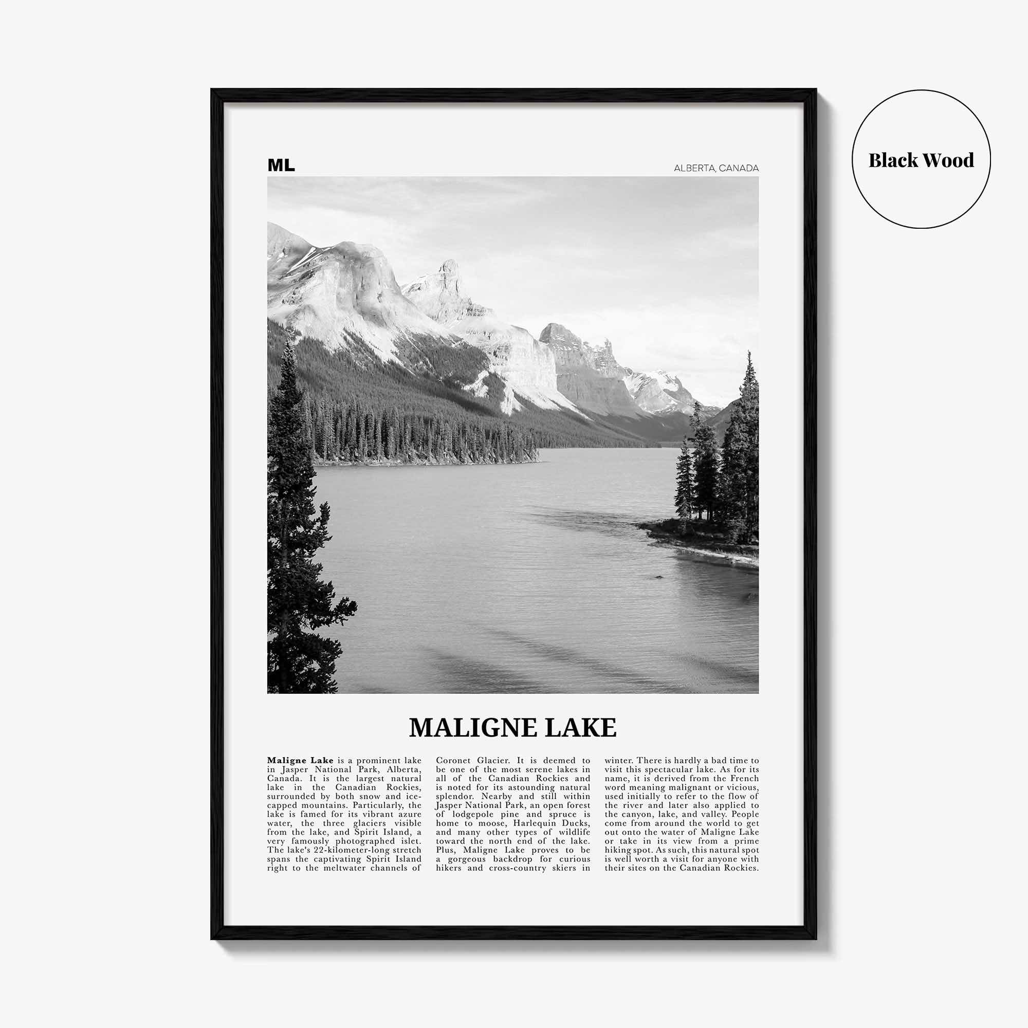 Maligne Lake Print Black and White, Maligne Lake Wall Art, Maligne Lake Poster, Maligne Lake Photo, Maligne Lake Décor, Maligne Lake Map