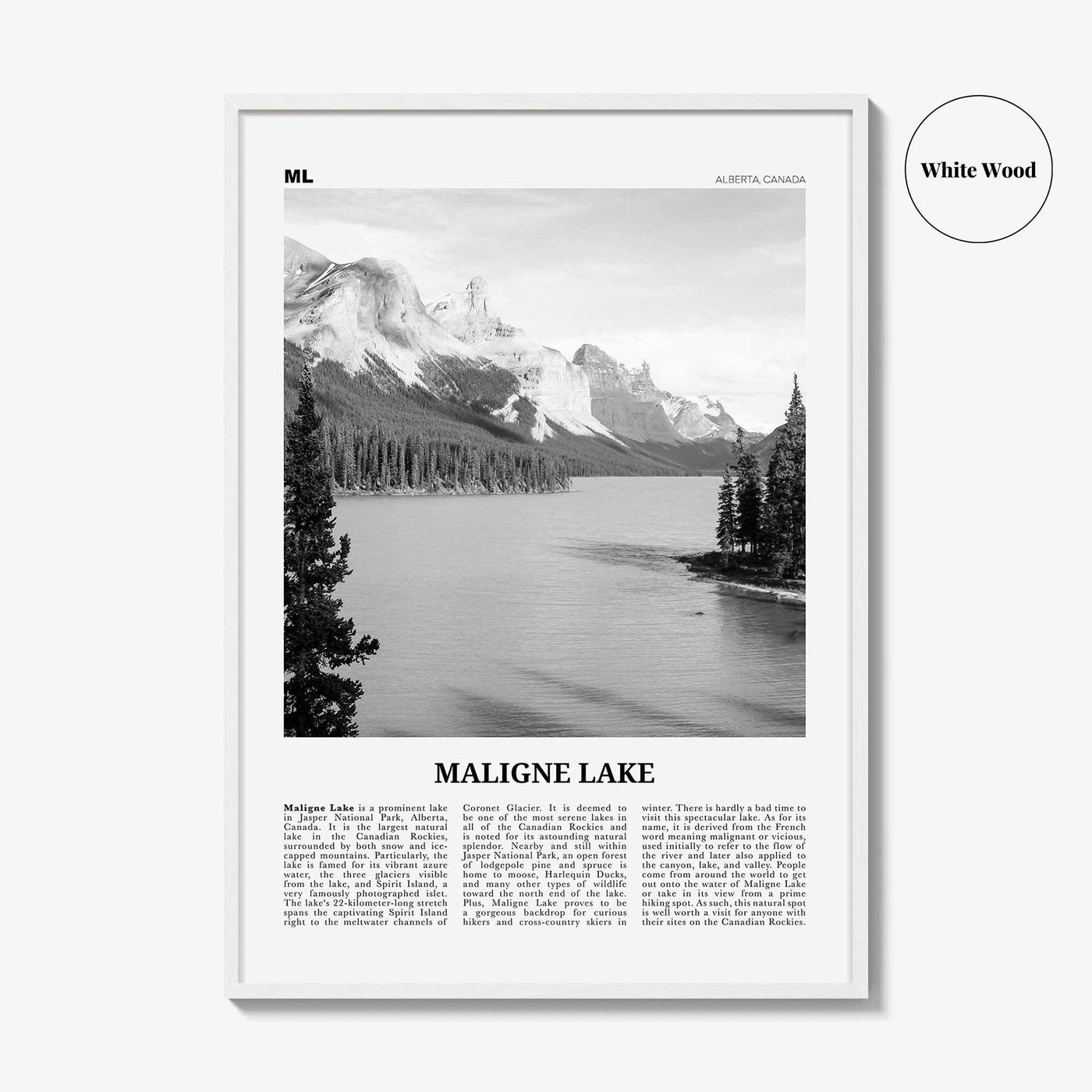 Maligne Lake Print Black and White, Maligne Lake Wall Art, Maligne Lake Poster, Maligne Lake Photo, Maligne Lake Décor, Maligne Lake Map