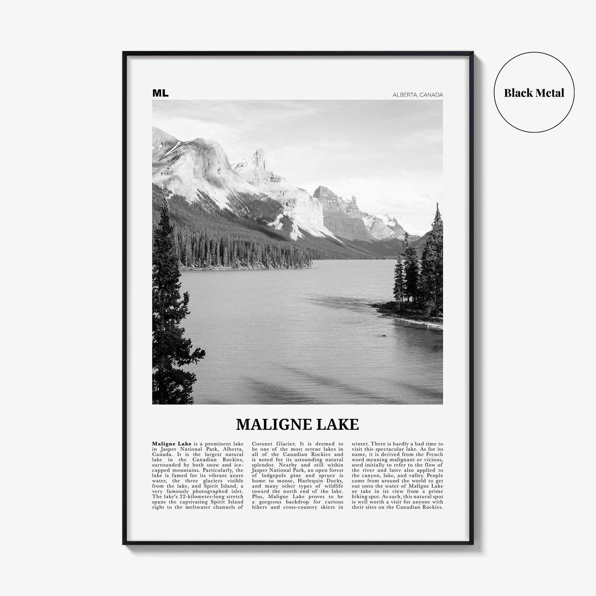 Maligne Lake Print Black and White, Maligne Lake Wall Art, Maligne Lake Poster, Maligne Lake Photo, Maligne Lake Décor, Maligne Lake Map