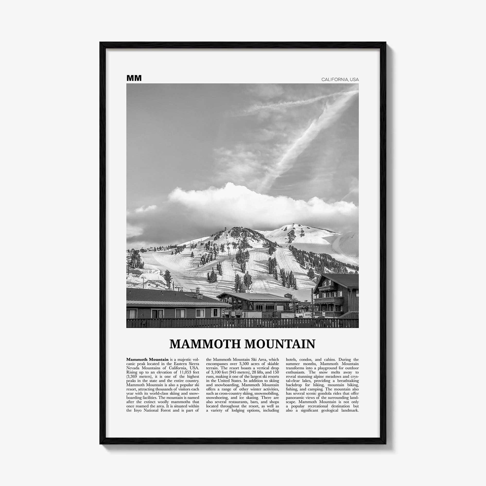 Mammoth Mountain Print Black and White, Mammoth Mountain Wall Art, Mammoth Mountain Poster, Mammoth Mountain, California, USA, United States