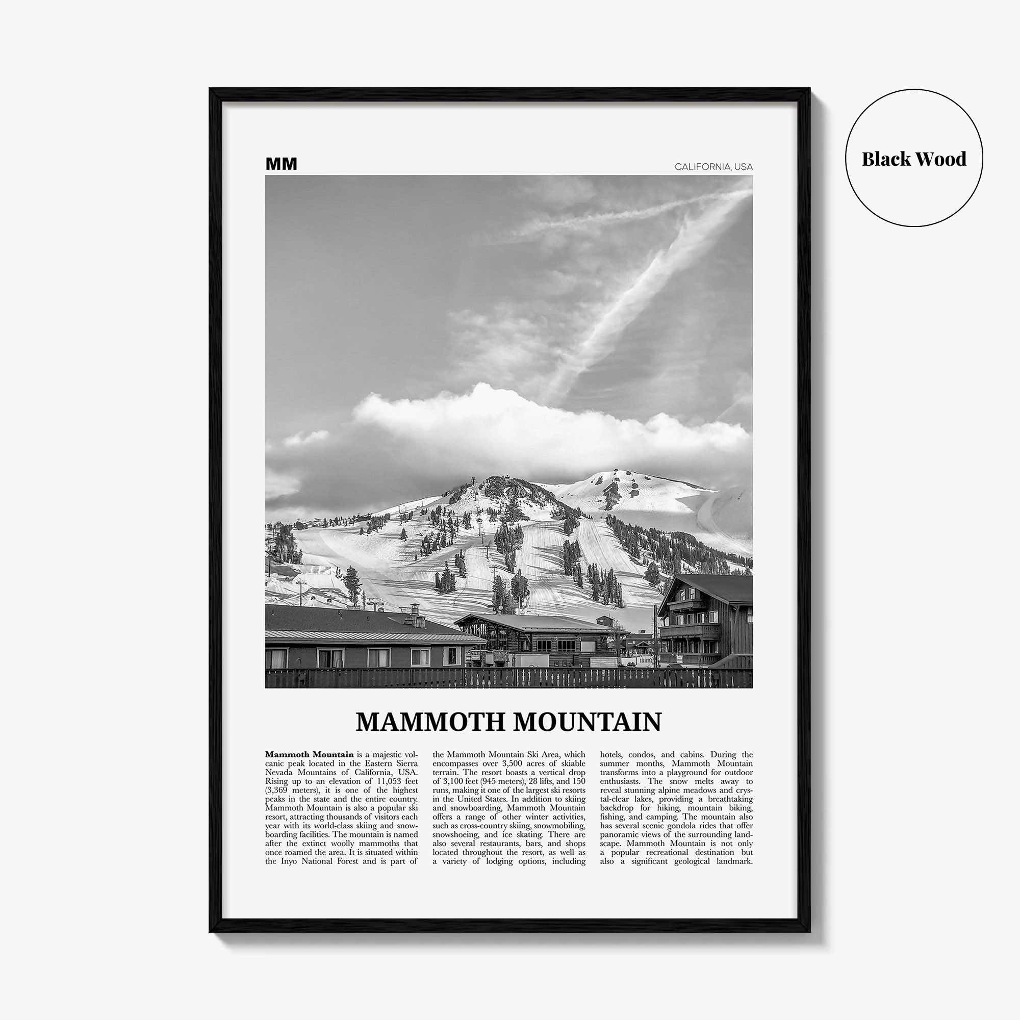 Mammoth Mountain Print Black and White, Mammoth Mountain Wall Art, Mammoth Mountain Poster, Mammoth Mountain, California, USA, United States