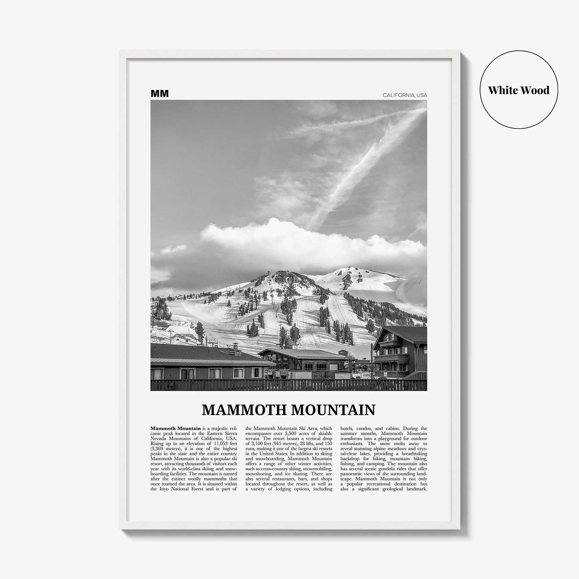 Mammoth Mountain Print Black and White, Mammoth Mountain Wall Art, Mammoth Mountain Poster, Mammoth Mountain, California, USA, United States