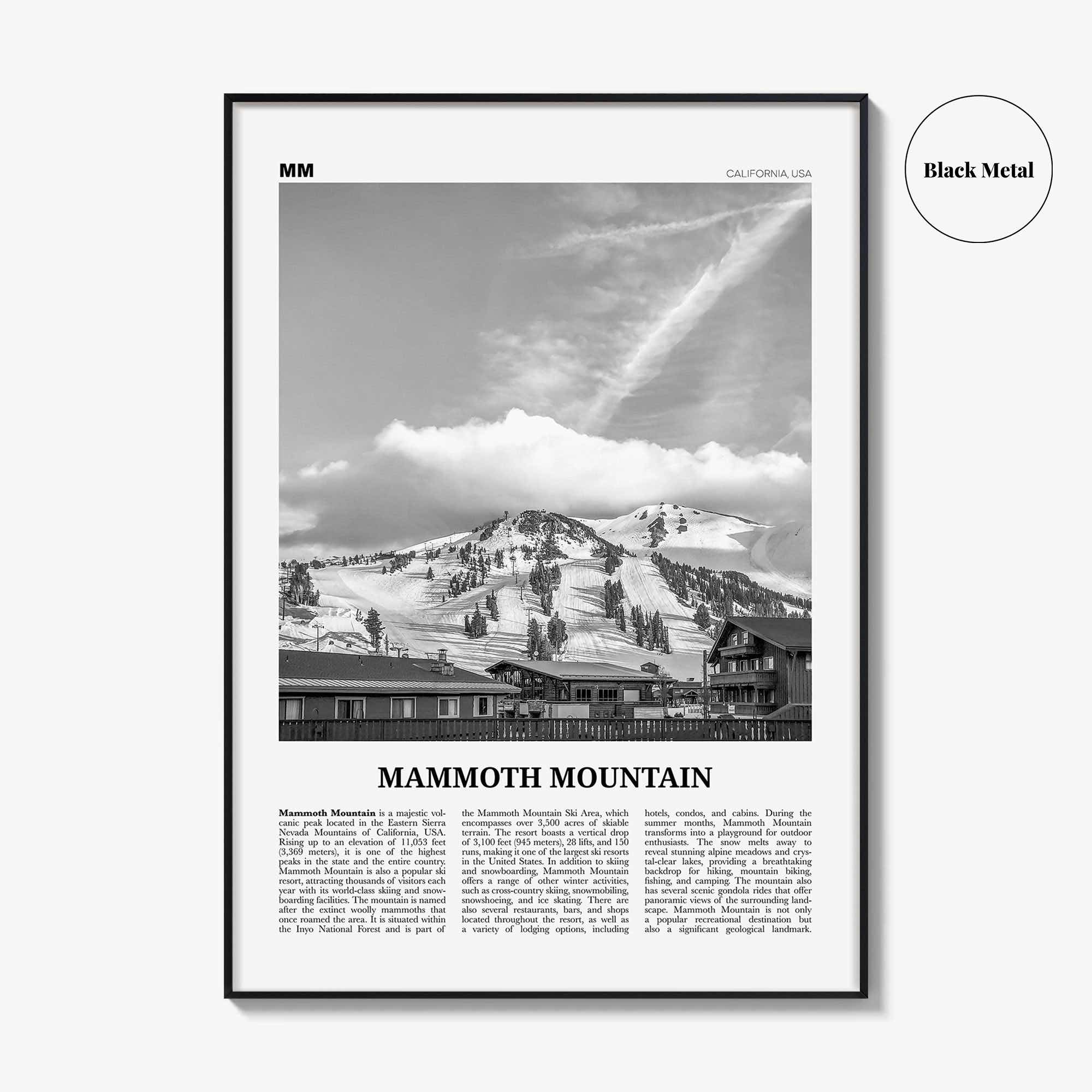 Mammoth Mountain Print Black and White, Mammoth Mountain Wall Art, Mammoth Mountain Poster, Mammoth Mountain, California, USA, United States