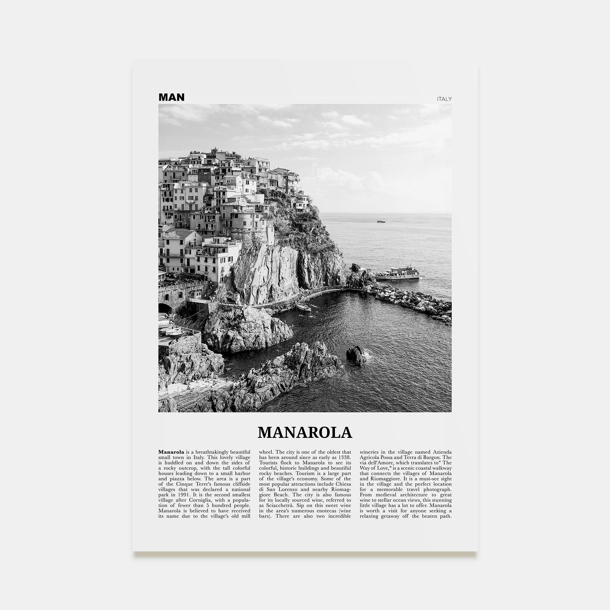 Manarola Travel B&W Poster