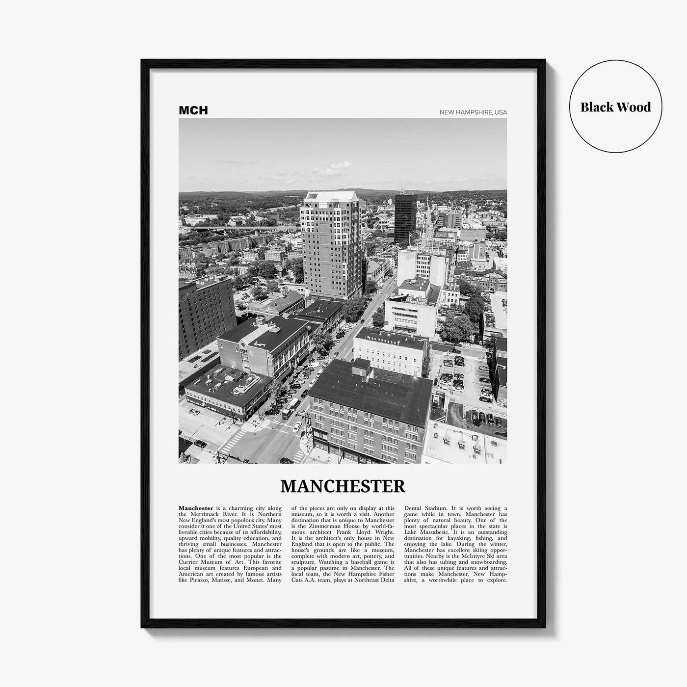 Manchester Print Black and White New Hampshire, Manchester Wall Art, Manchester Poster, Manchester Photo, USA, United States