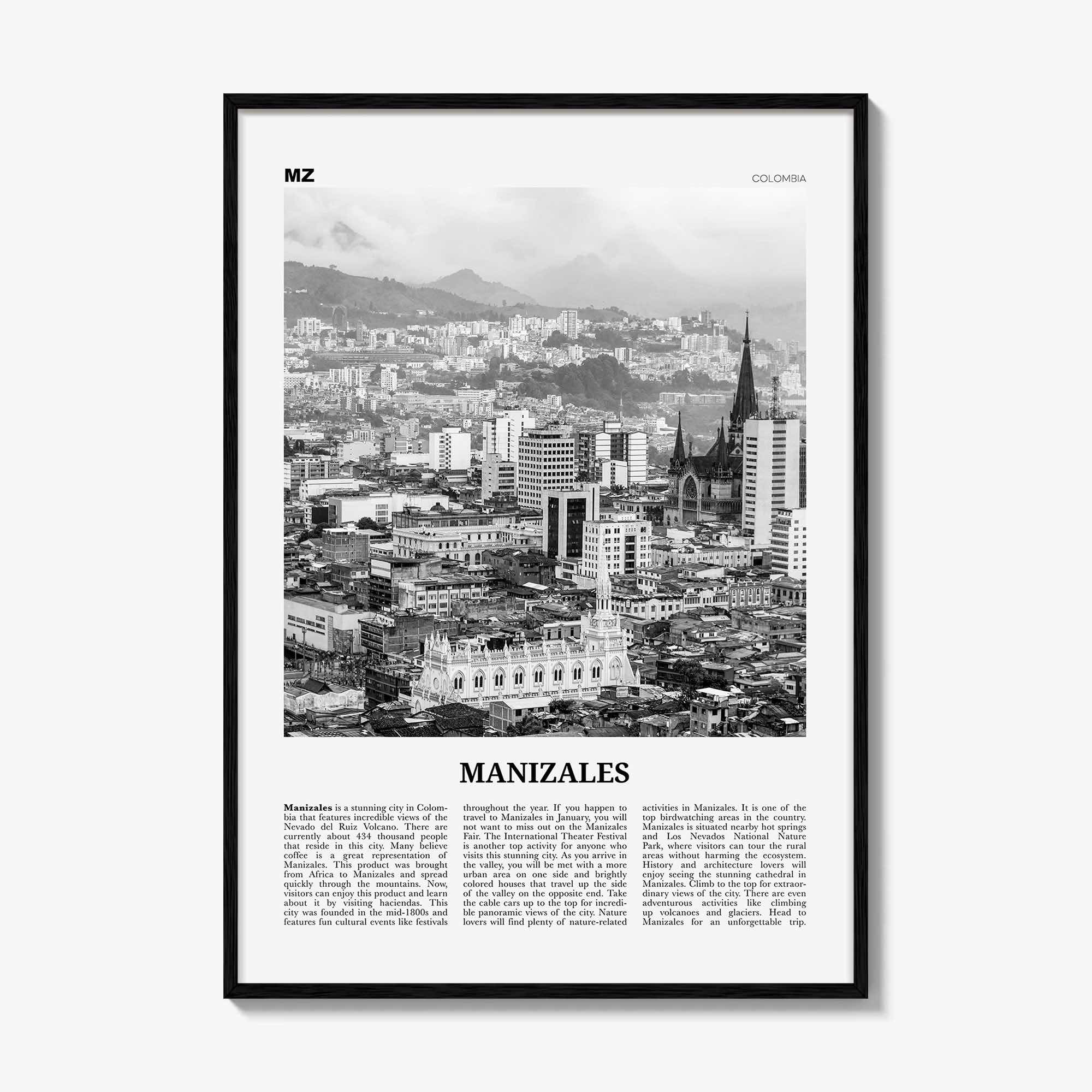 Manizales Print Black and White, Manizales Wall Art, Manizales Poster, Manizales Photo, Manizales Wall Décor, Manizales Map, Colombia