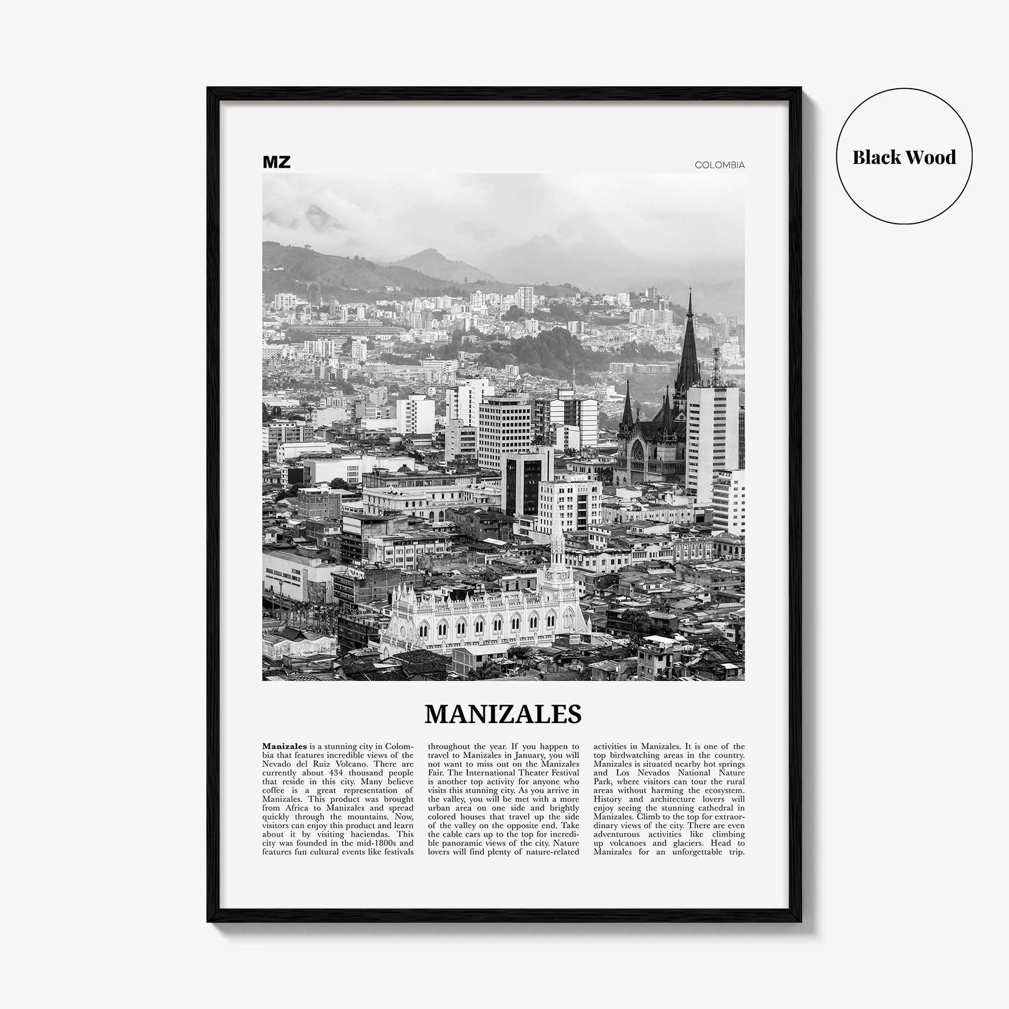 Manizales Print Black and White, Manizales Wall Art, Manizales Poster, Manizales Photo, Manizales Wall Décor, Manizales Map, Colombia