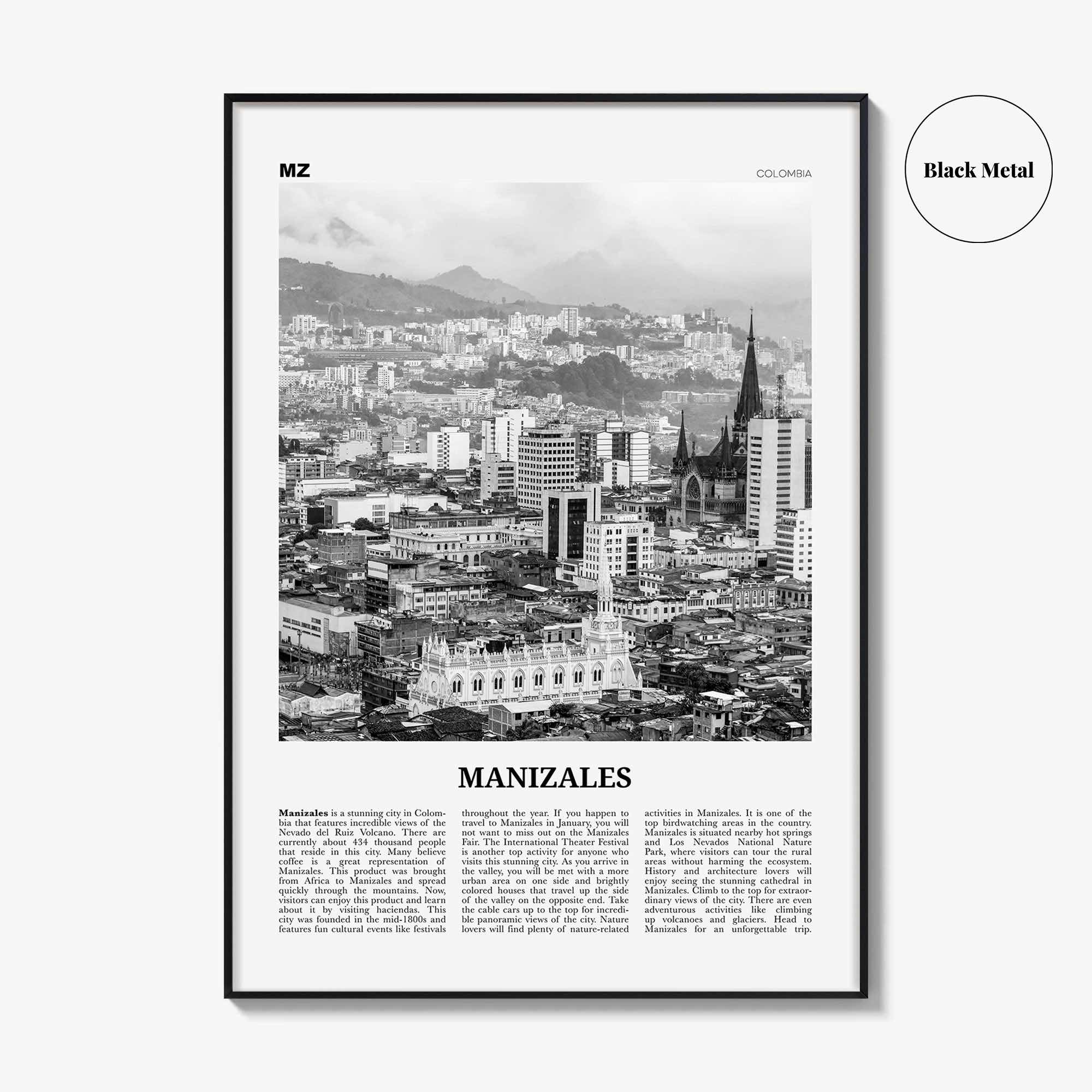Manizales Print Black and White, Manizales Wall Art, Manizales Poster, Manizales Photo, Manizales Wall Décor, Manizales Map, Colombia