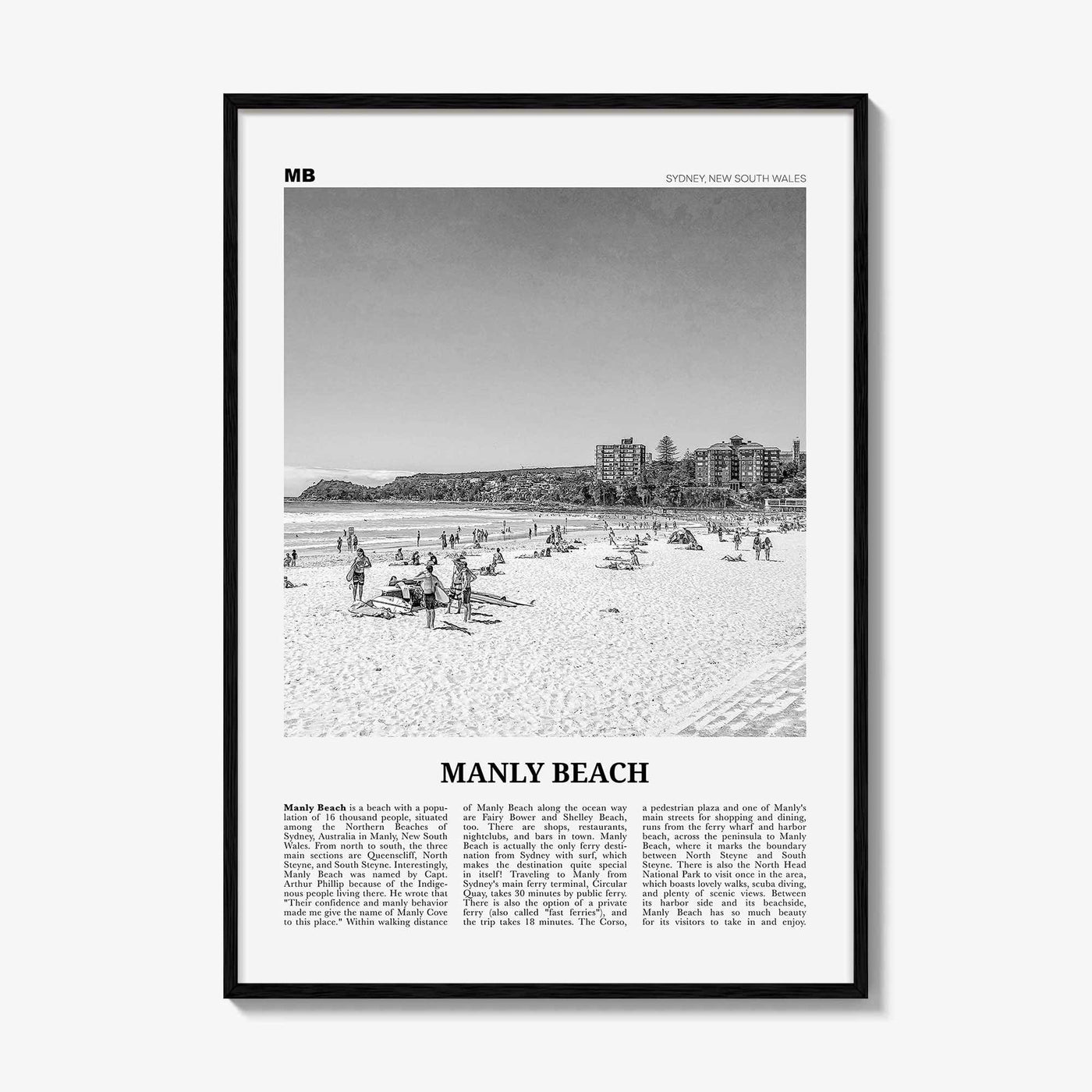 Manly Beach Print Black and White, Manly Beach Wall Art, Manly Beach Poster, Manly Beach Photo, Sydney, New South Wales, Australia