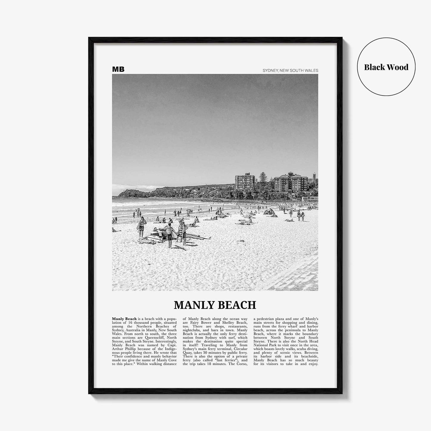 Manly Beach Print Black and White, Manly Beach Wall Art, Manly Beach Poster, Manly Beach Photo, Sydney, New South Wales, Australia