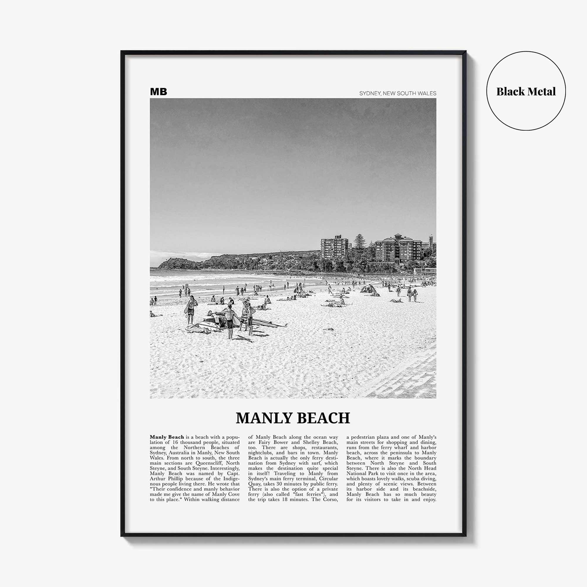 Manly Beach Print Black and White, Manly Beach Wall Art, Manly Beach Poster, Manly Beach Photo, Sydney, New South Wales, Australia