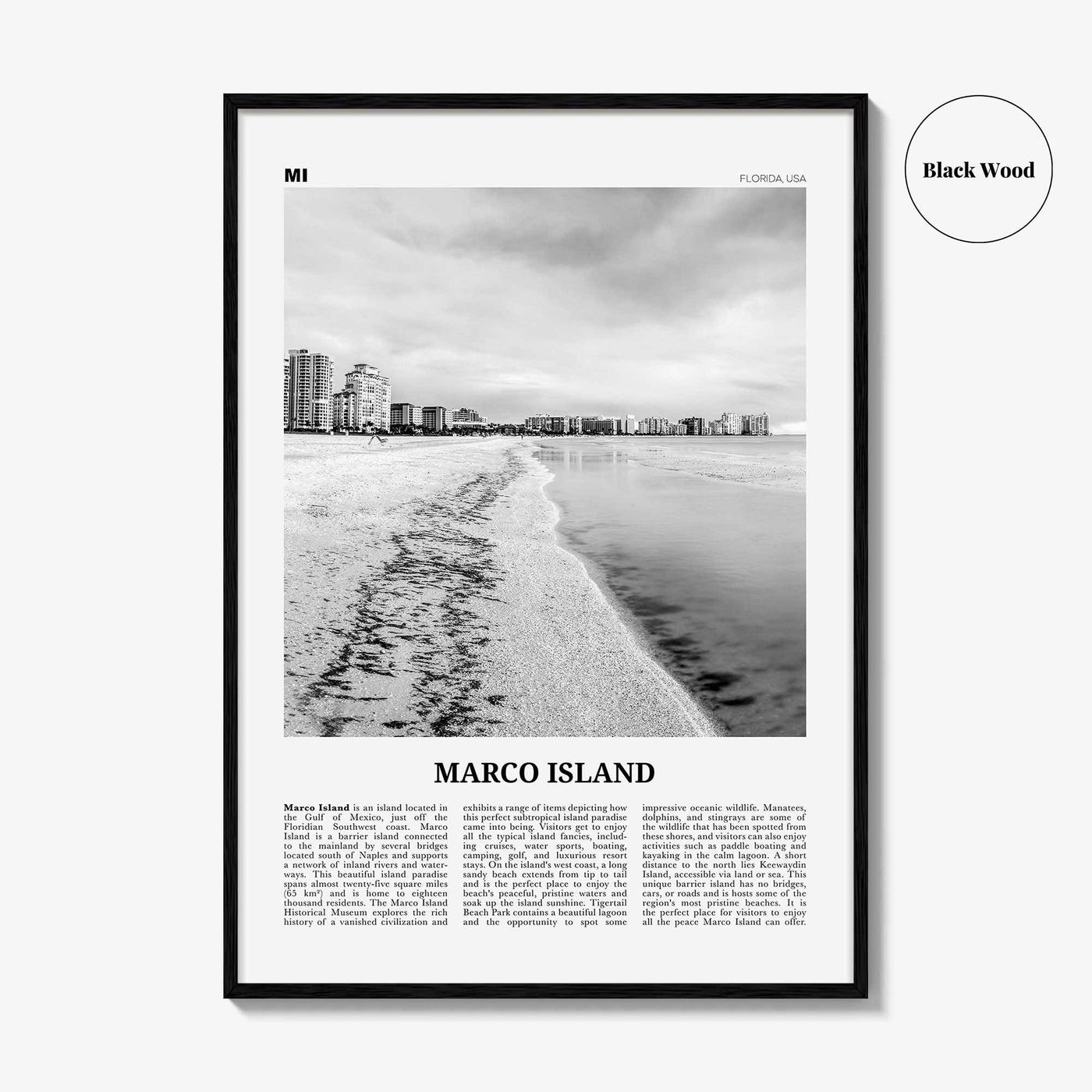 Marco Island Print Black and White, Marco Island Wall Art, Marco Island Poster, Marco Island Photo, Marco Island Map, Florida, USA