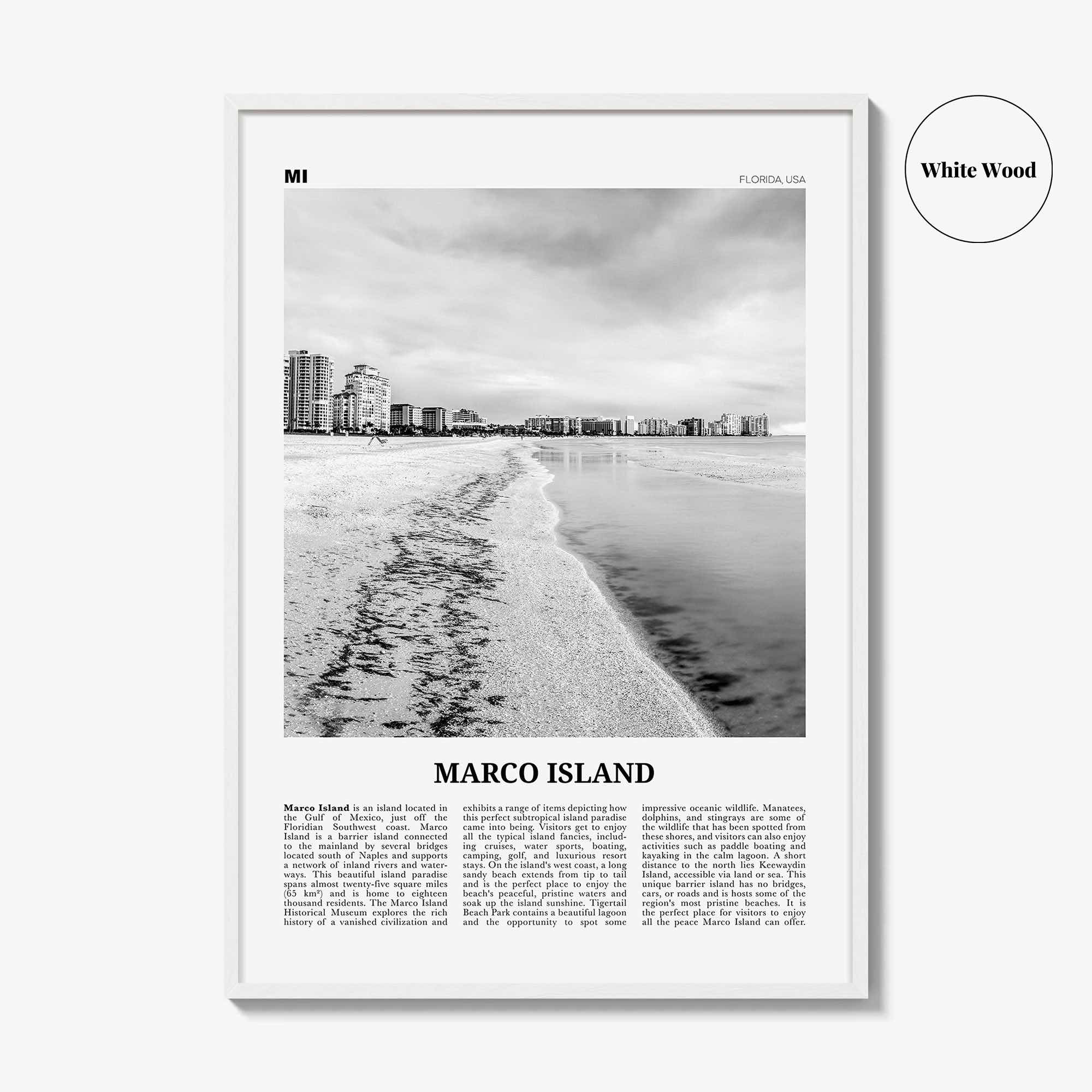 Marco Island Print Black and White, Marco Island Wall Art, Marco Island Poster, Marco Island Photo, Marco Island Map, Florida, USA