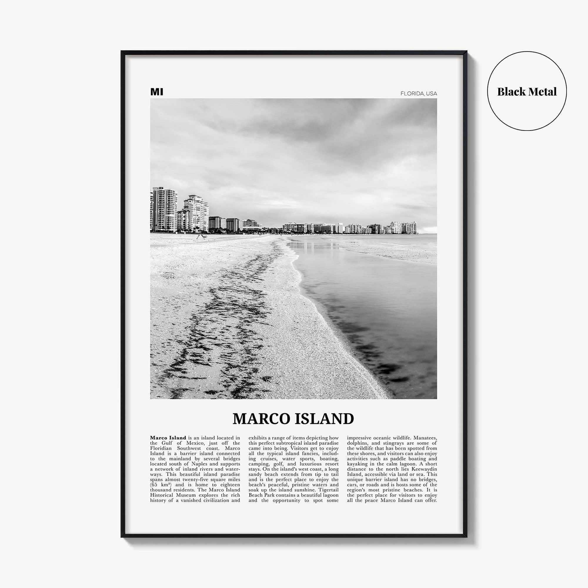 Marco Island Print Black and White, Marco Island Wall Art, Marco Island Poster, Marco Island Photo, Marco Island Map, Florida, USA
