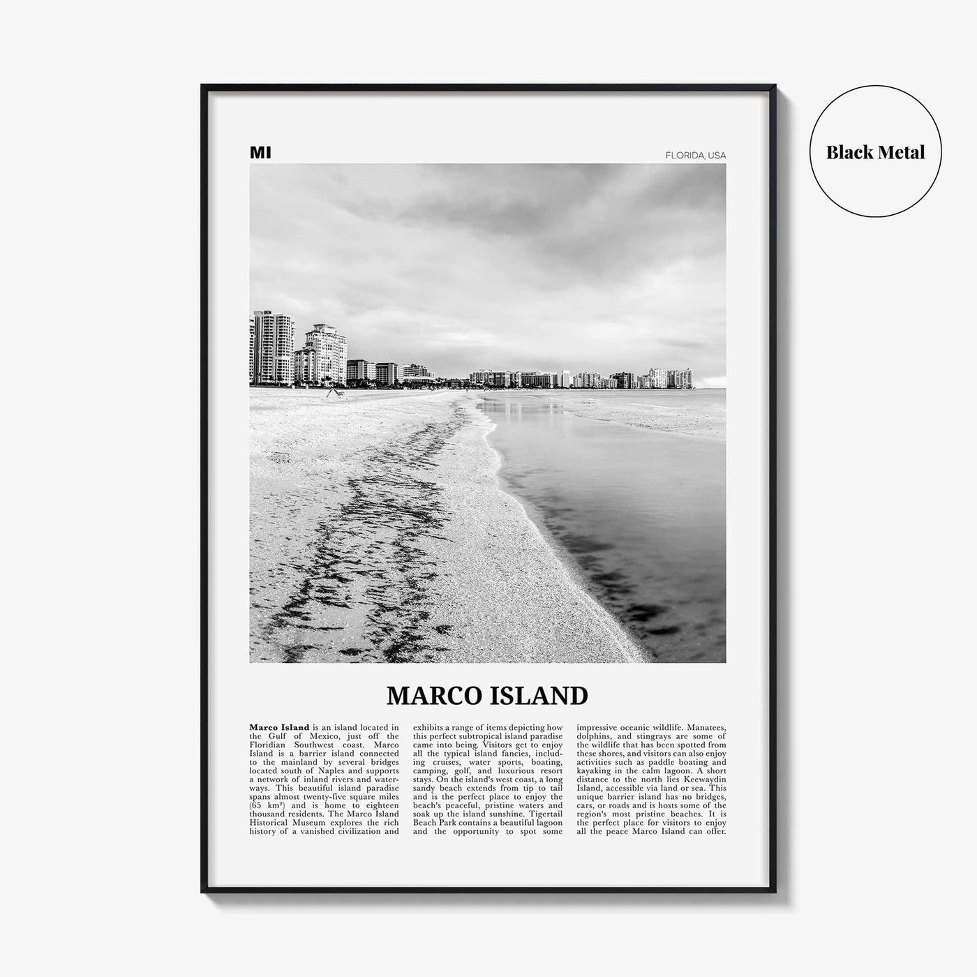 Marco Island Print Black and White, Marco Island Wall Art, Marco Island Poster, Marco Island Photo, Marco Island Map, Florida, USA