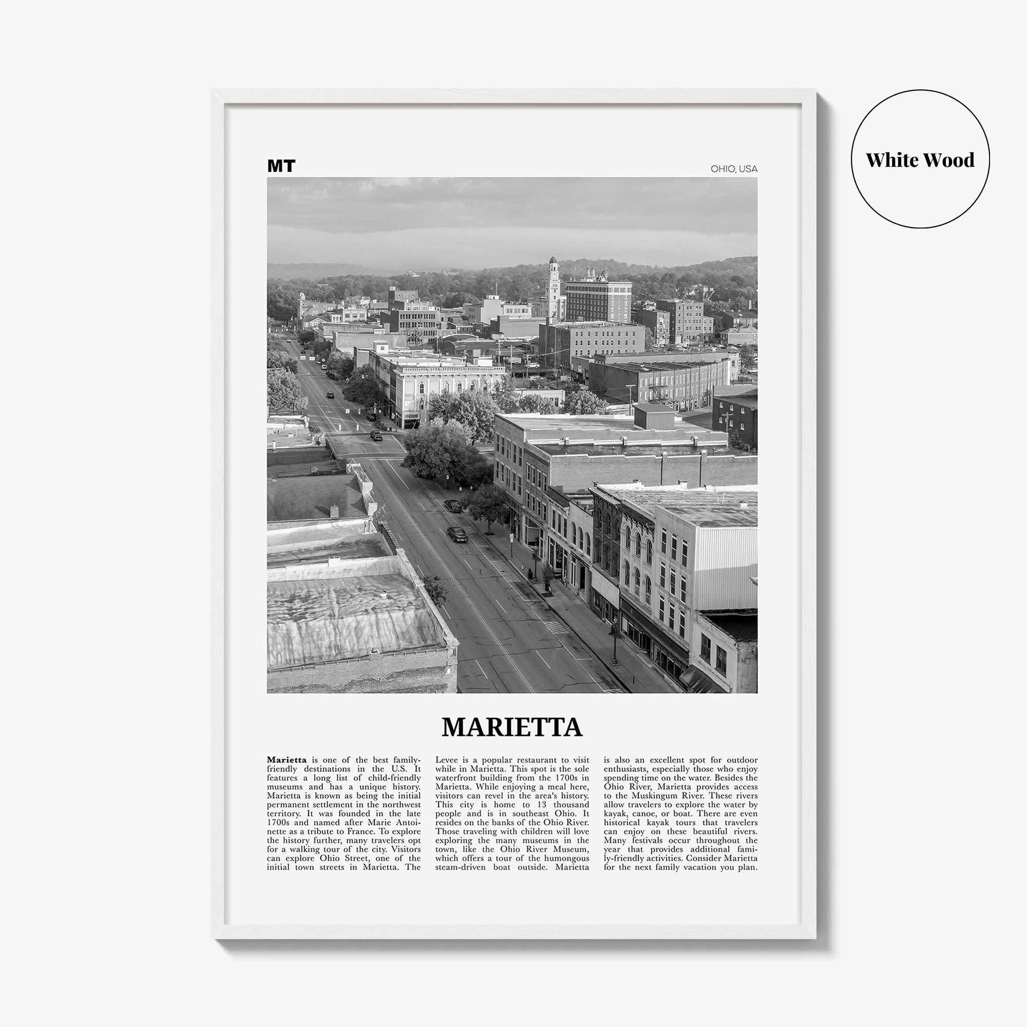 Marietta Print Black and White, Marietta Wall Art, Marietta Poster, Marietta Photo, Marietta Wall Décor, Marietta Map, Ohio, USA