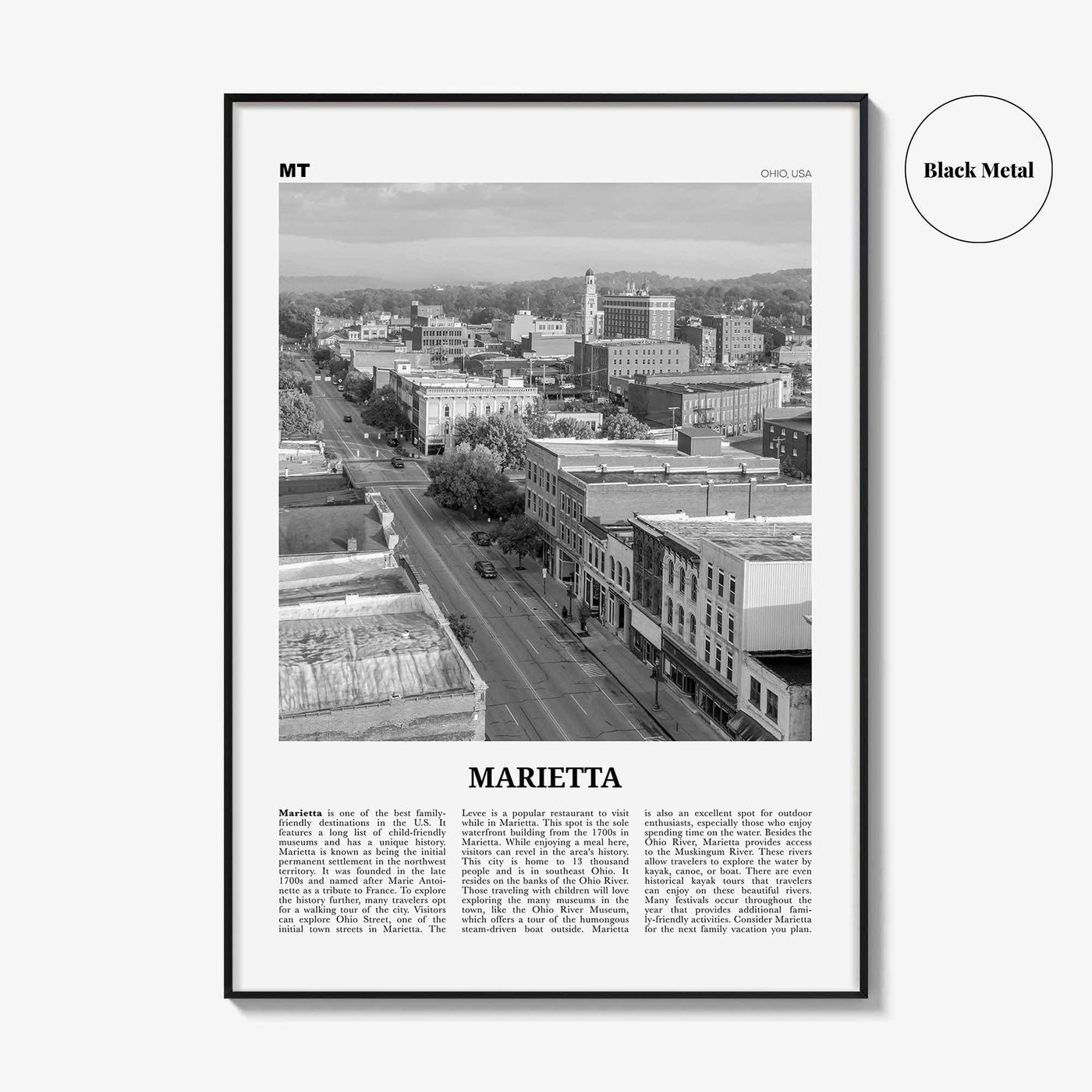 Marietta Print Black and White, Marietta Wall Art, Marietta Poster, Marietta Photo, Marietta Wall Décor, Marietta Map, Ohio, USA