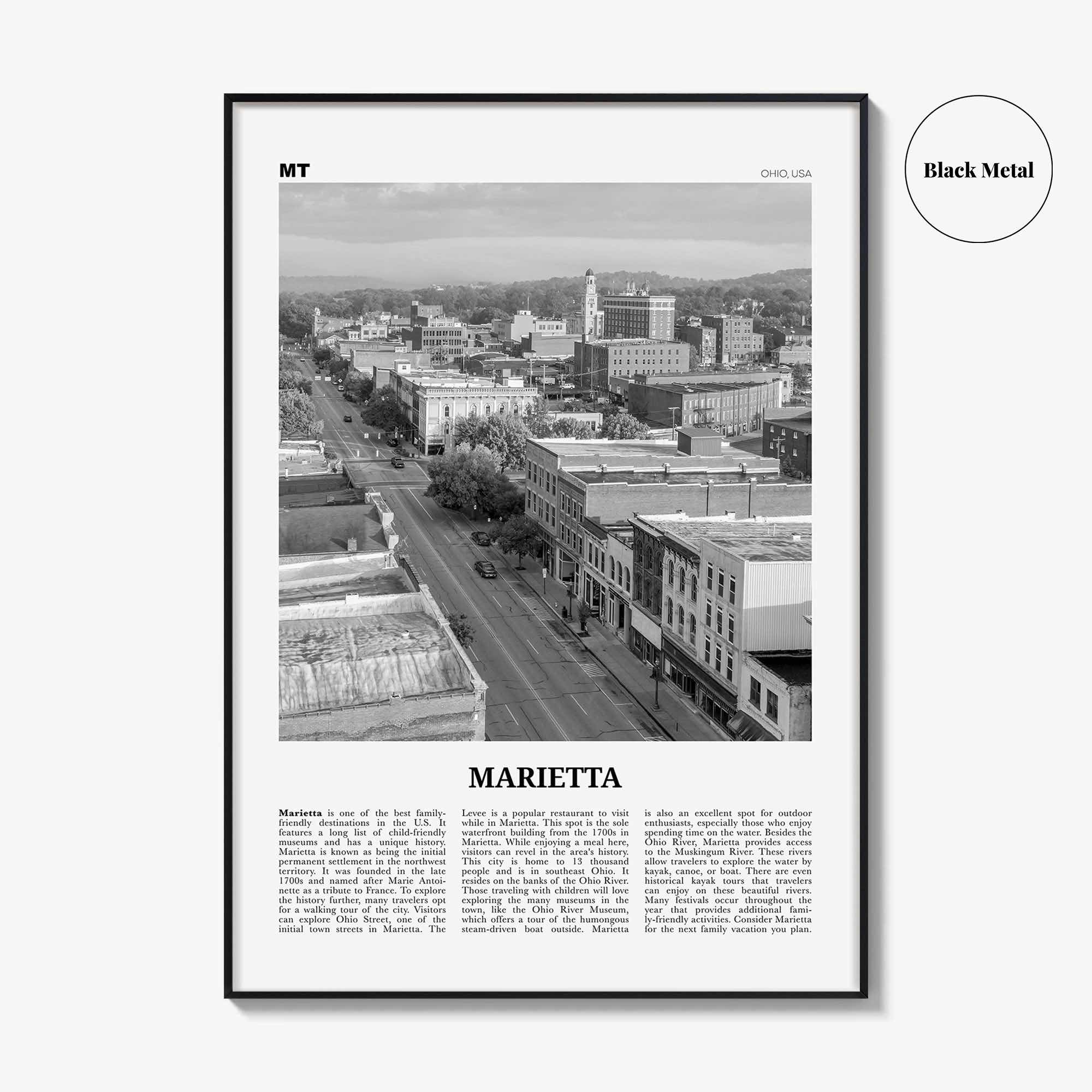 Marietta Print Black and White, Marietta Wall Art, Marietta Poster, Marietta Photo, Marietta Wall Décor, Marietta Map, Ohio, USA