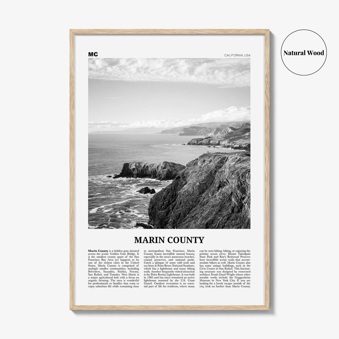 Marin County Print Black and White, Marin County Wall Art, Marin County Poster, Marin County Photo, California, USA, United States