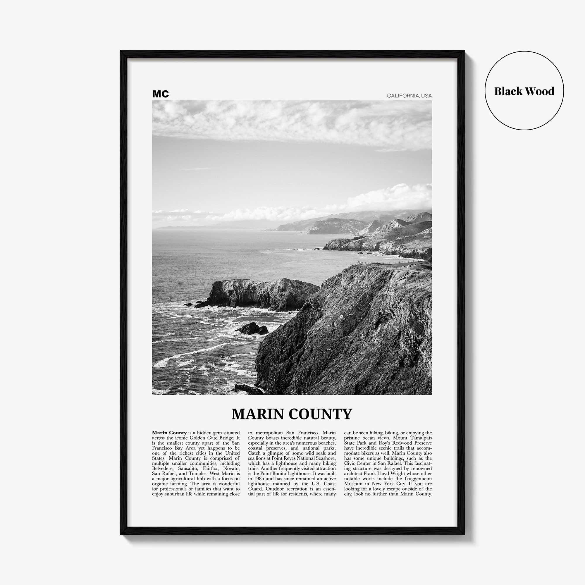 Marin County Print Black and White, Marin County Wall Art, Marin County Poster, Marin County Photo, California, USA, United States