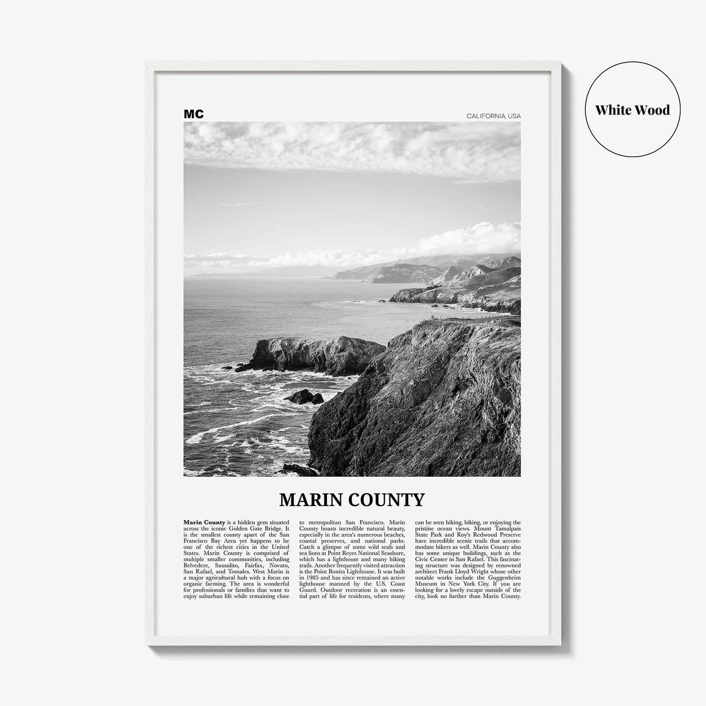 Marin County Print Black and White, Marin County Wall Art, Marin County Poster, Marin County Photo, California, USA, United States