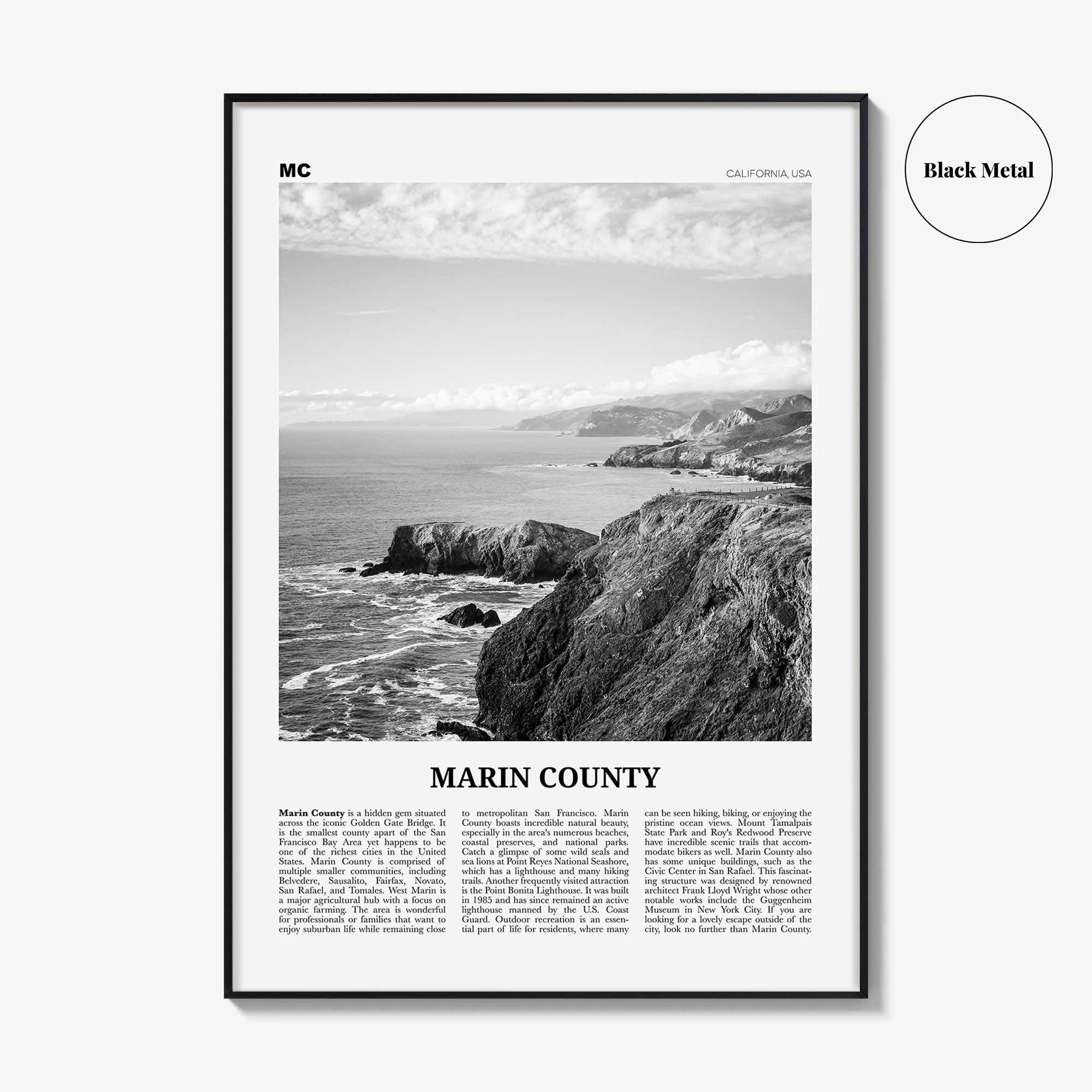 Marin County Print Black and White, Marin County Wall Art, Marin County Poster, Marin County Photo, California, USA, United States