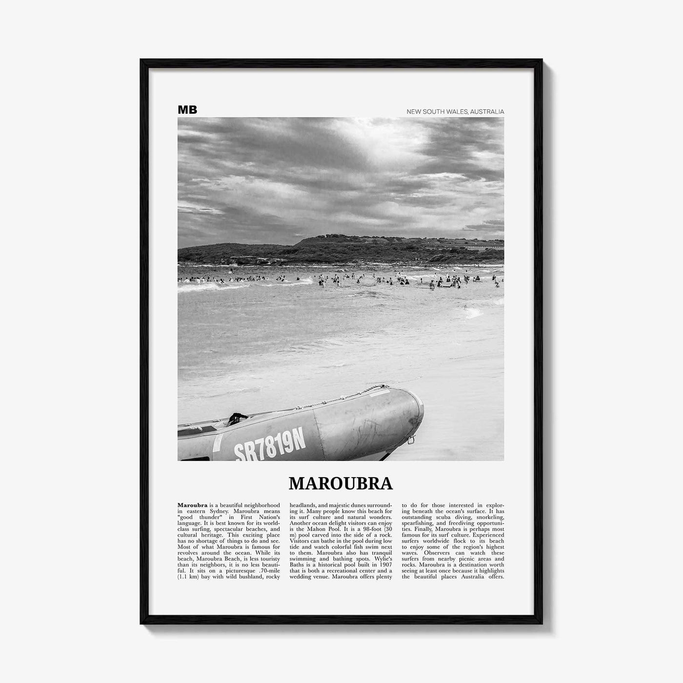 Maroubra Print Black and White, Maroubra Wall Art, Maroubra Poster, Maroubra Photo, Maroubra Map, Maroubra Decor, New South Wales, Australia